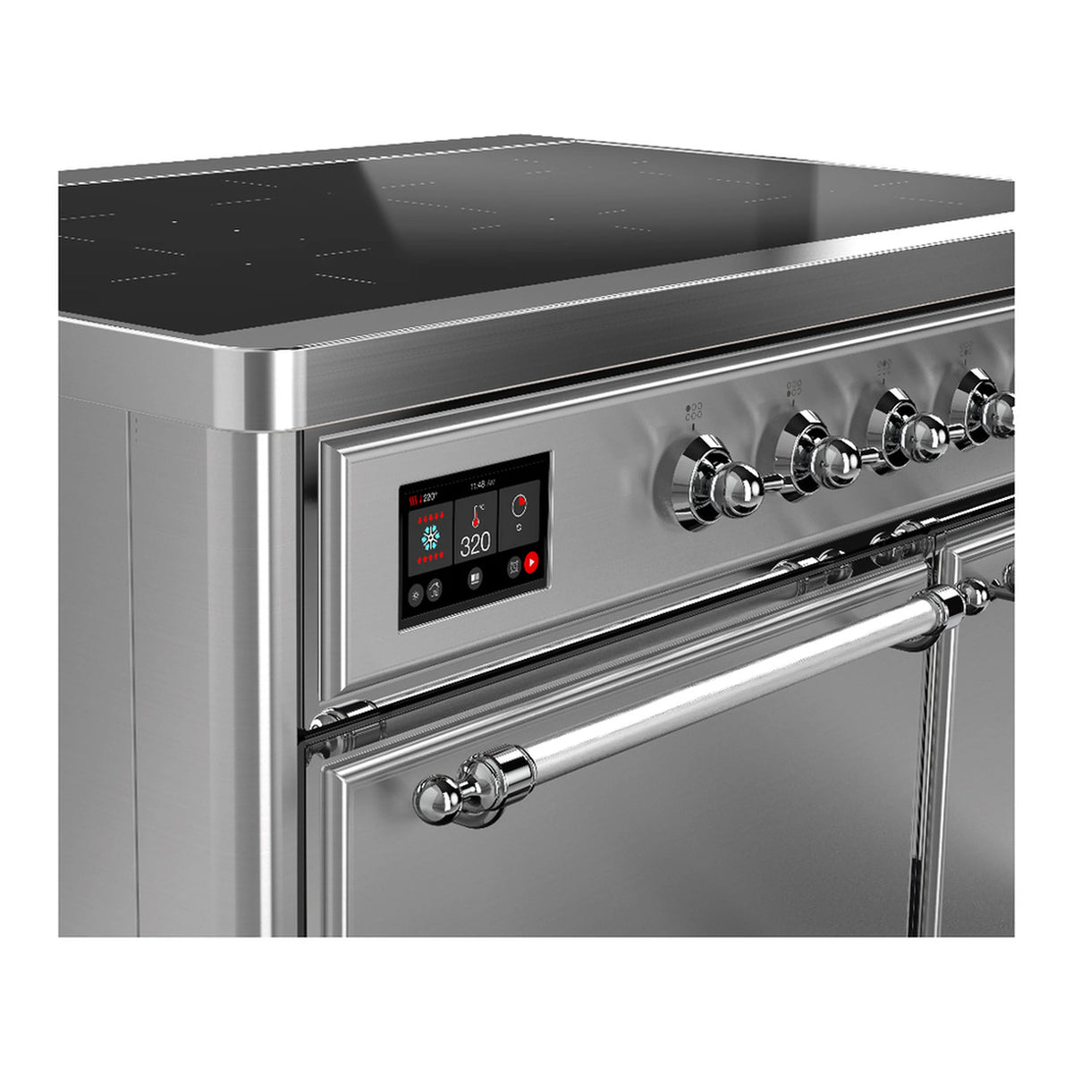 Stainless steel induction range side with control display and four burner knobs on panel