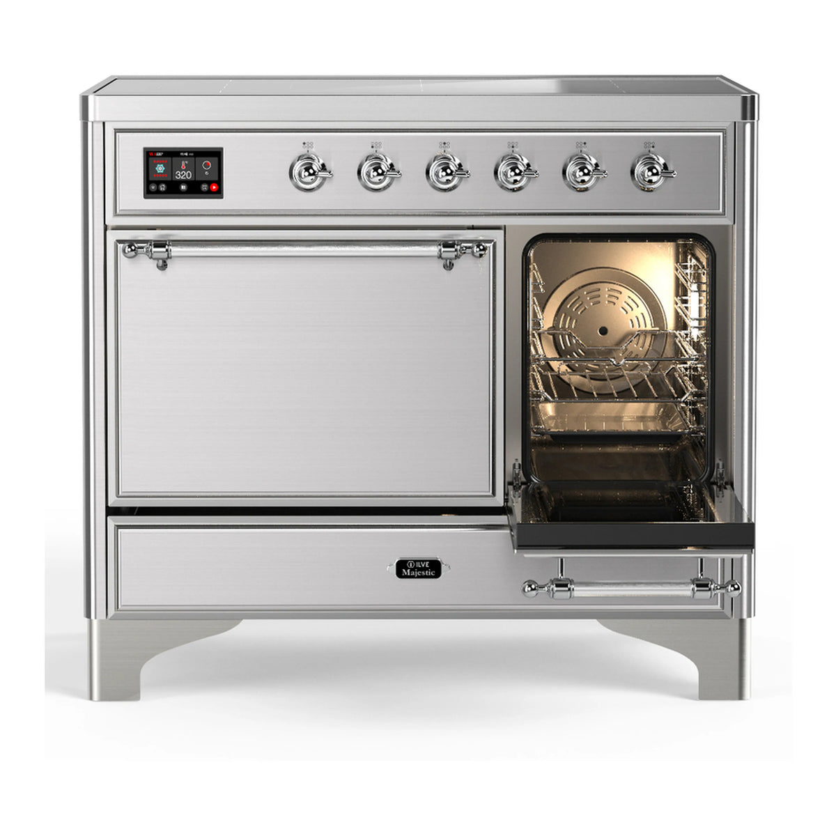 Stainless steel induction range with left oven door closed and right oven door open