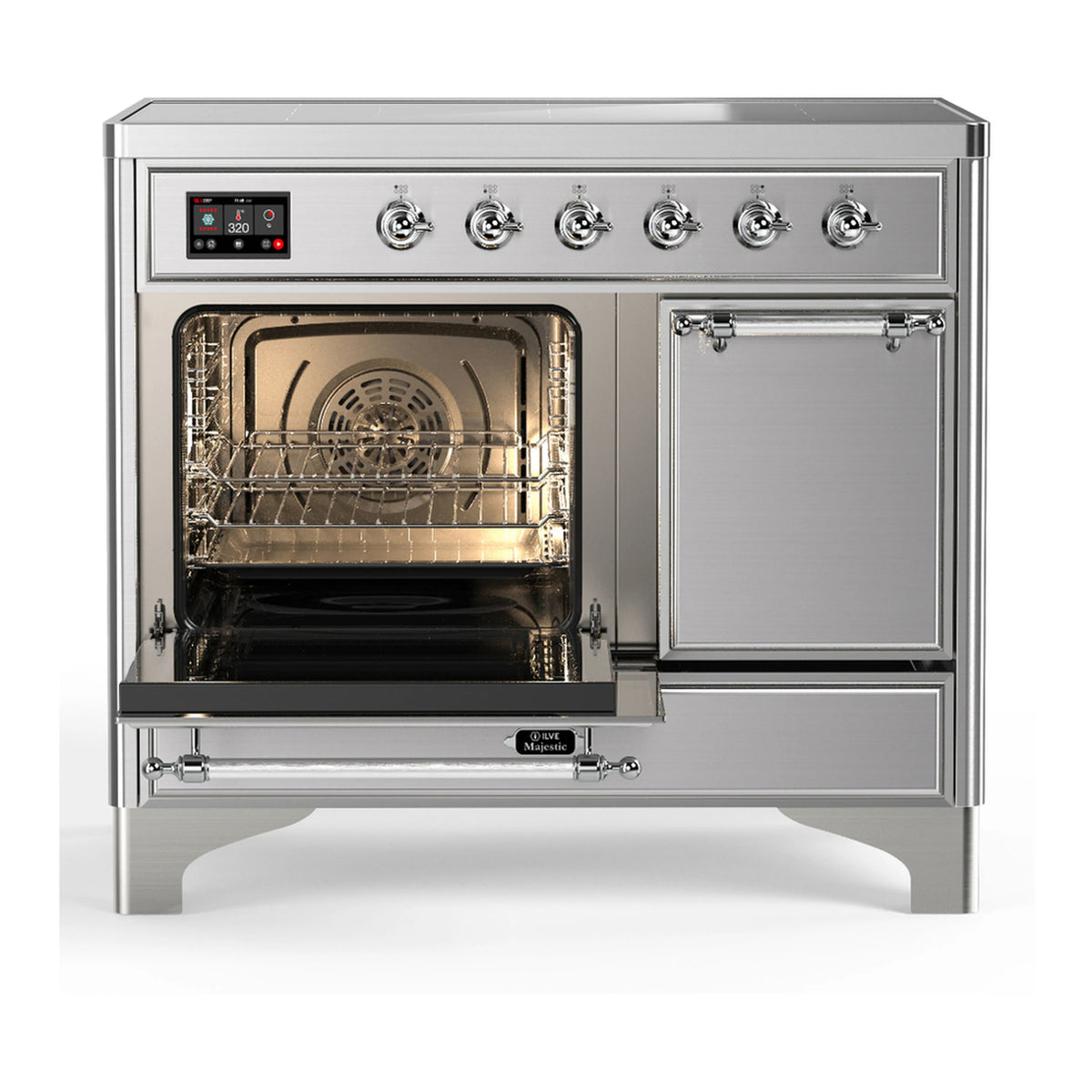 Stainless steel induction range with right oven door closed and left oven door open