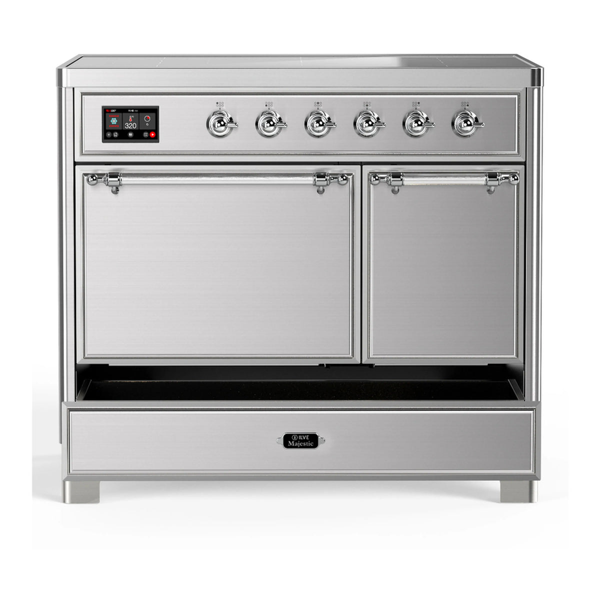 Stainless steel induction range with two front doors and lower storage drawer closed