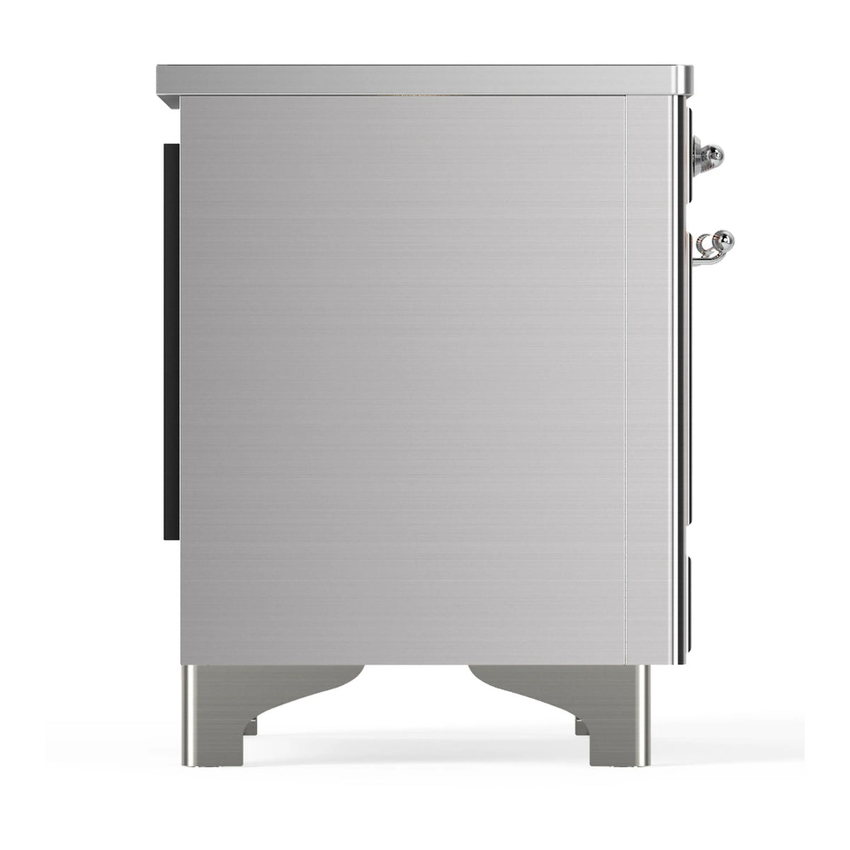 Stainless steel induction range side panel with door handle and control knobs
