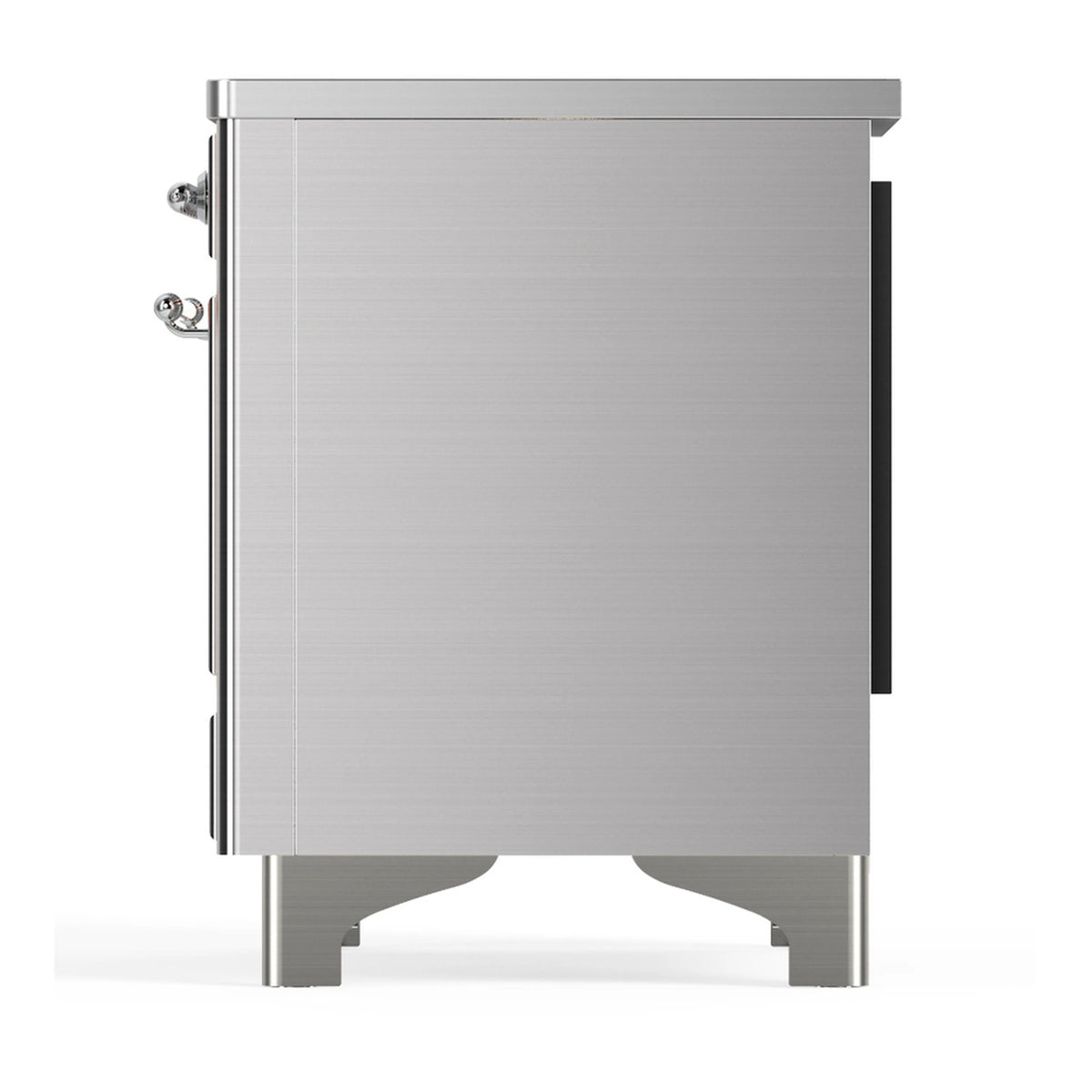 Stainless steel induction range back/side view with recessed handle and panel detail