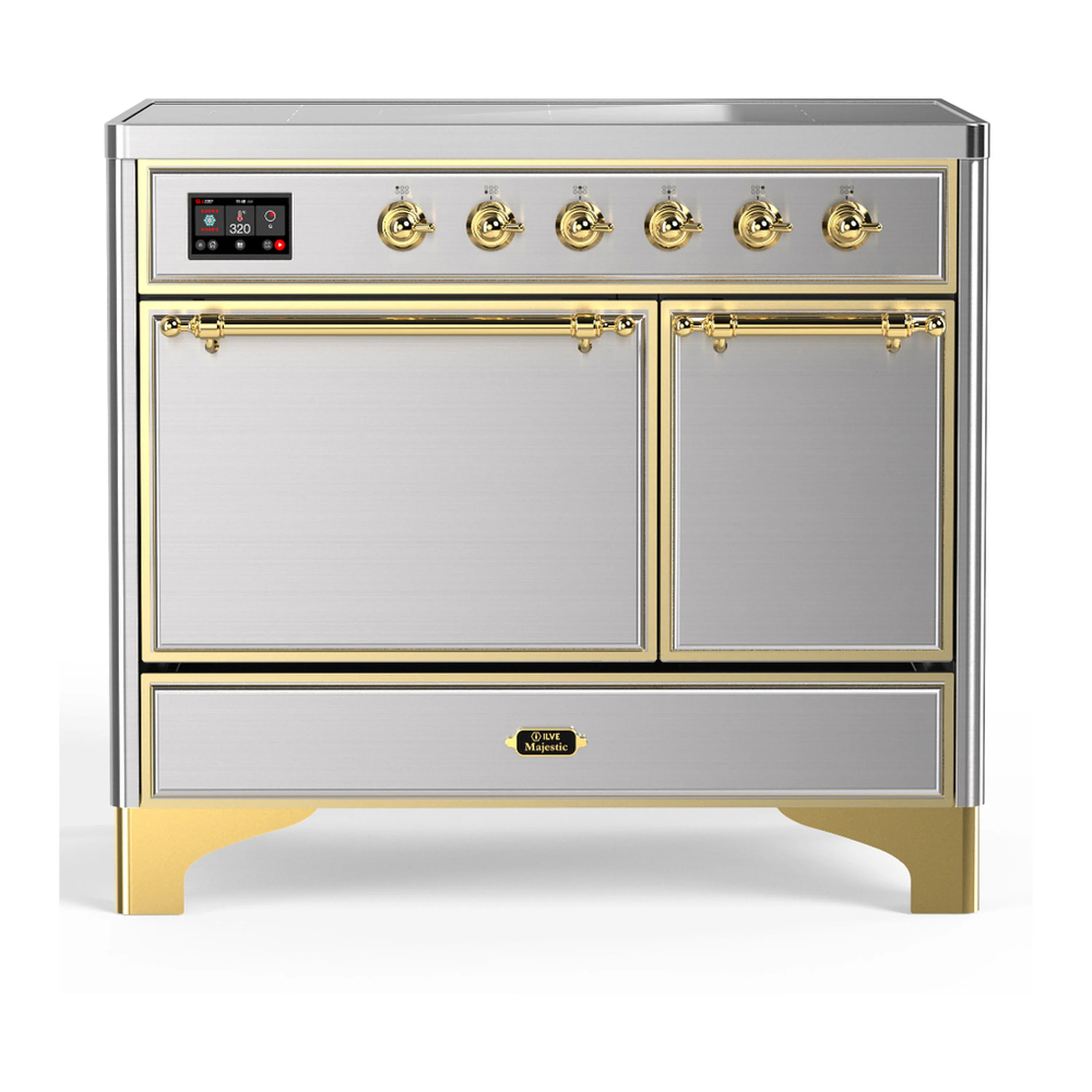 Stainless steel induction range with brass trim, solid electric oven door and control panel.