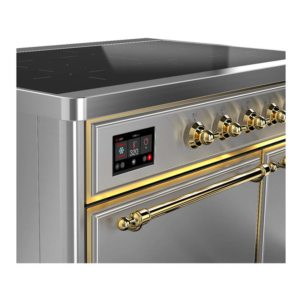 Stainless steel induction range control panel with digital display and brass knobs.