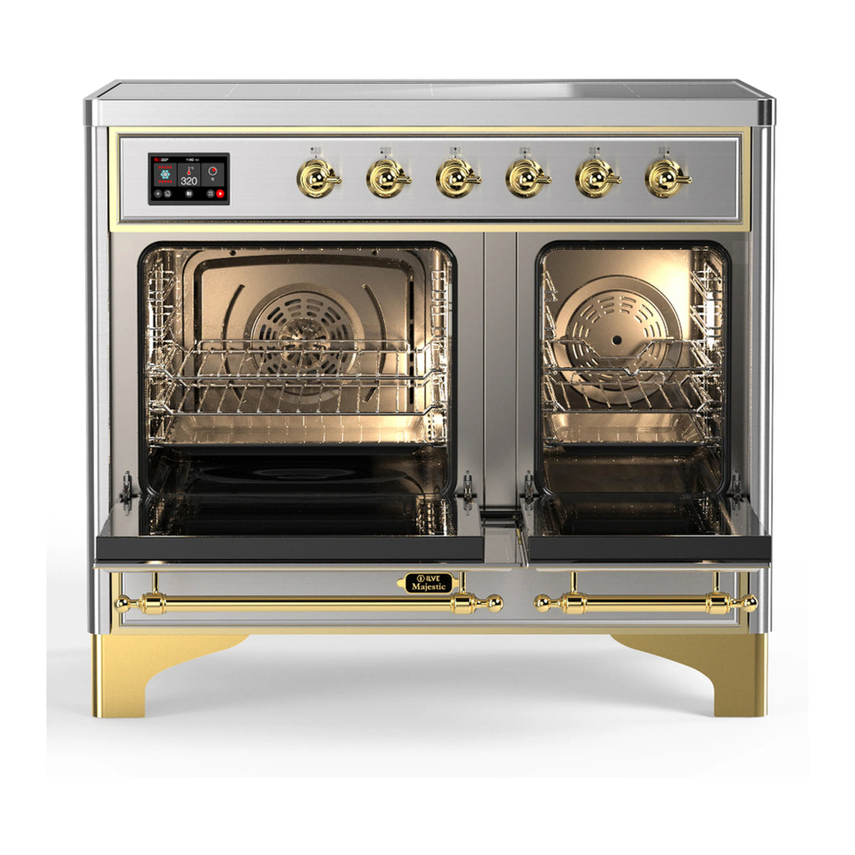 Stainless steel induction range with brass trim and open oven door showing racks and fan.