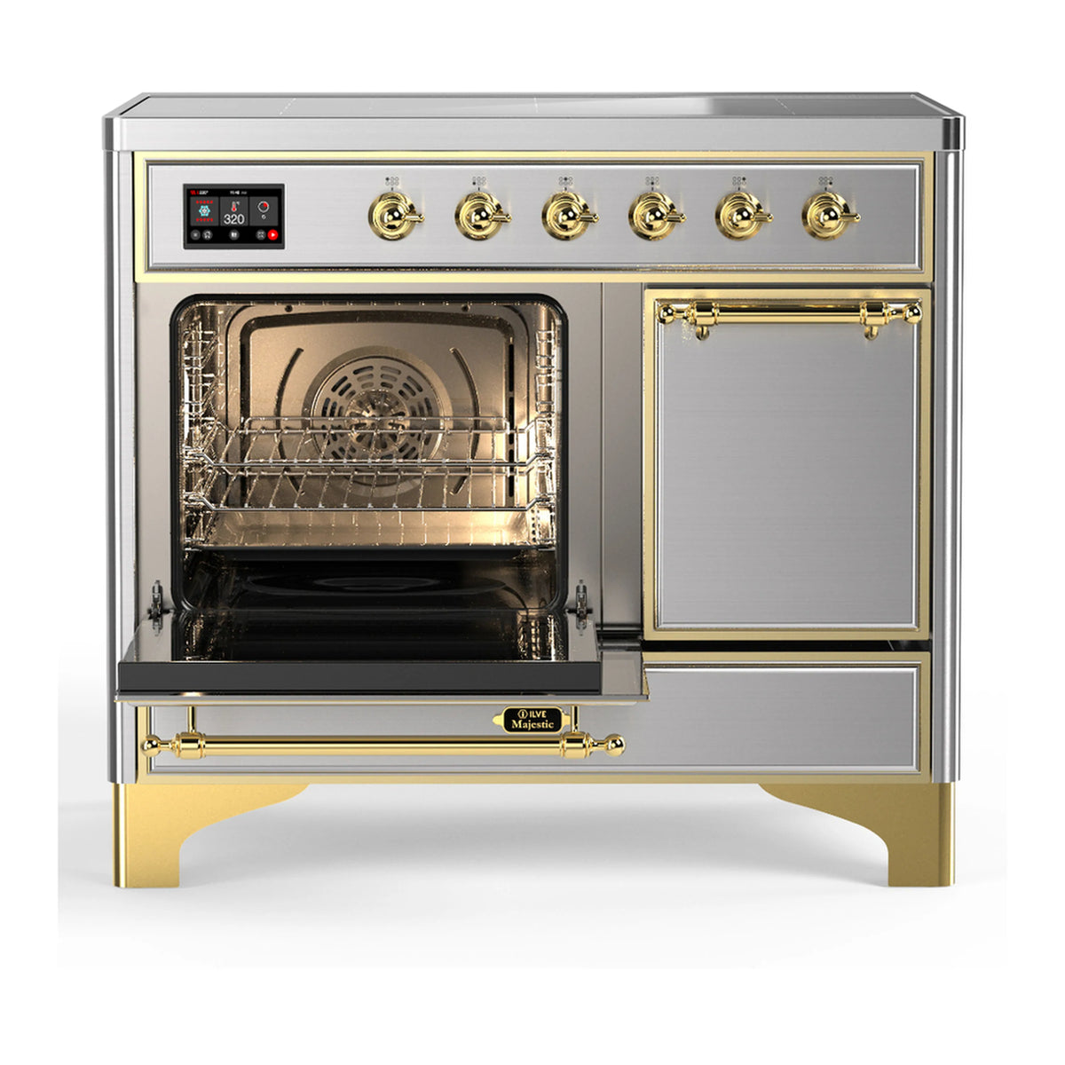 Stainless steel induction range with brass trim, oven open showing wire racks and baking surface.