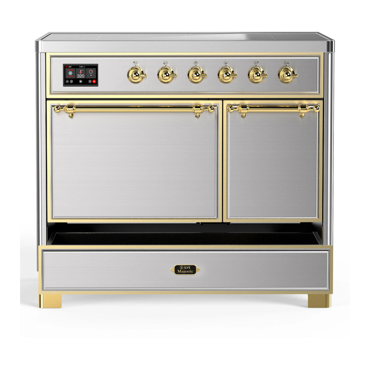 Stainless steel induction range with brass trim, dual oven doors and drawer at bottom.