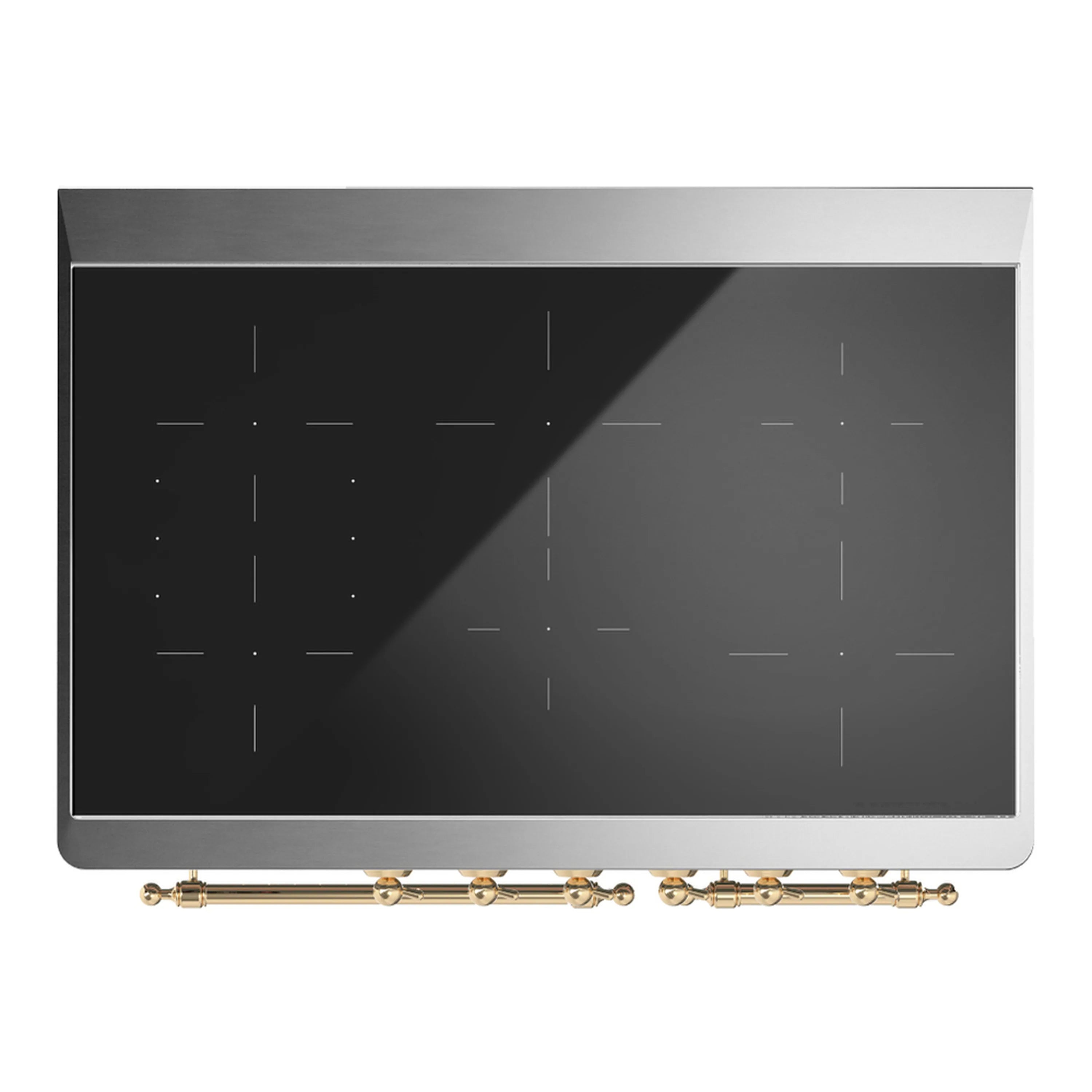 Induction range oven door window with dark glass and brass handle trim.