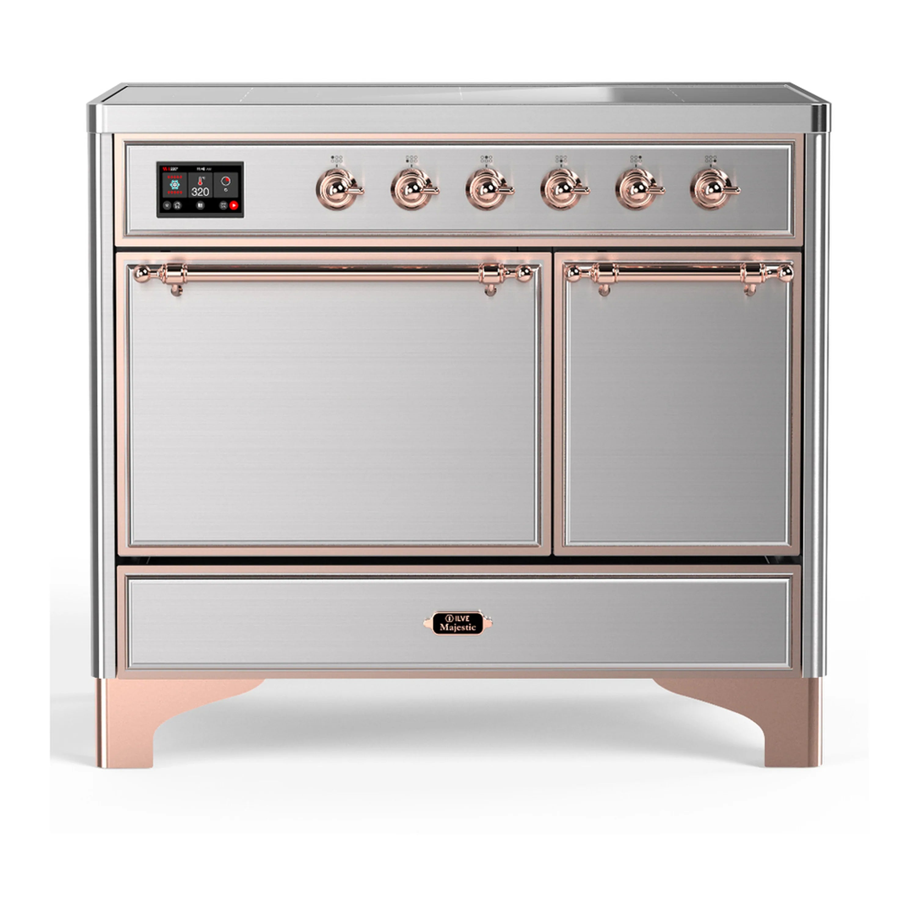Stainless steel induction range with copper trim, control panel, and two solid oven doors