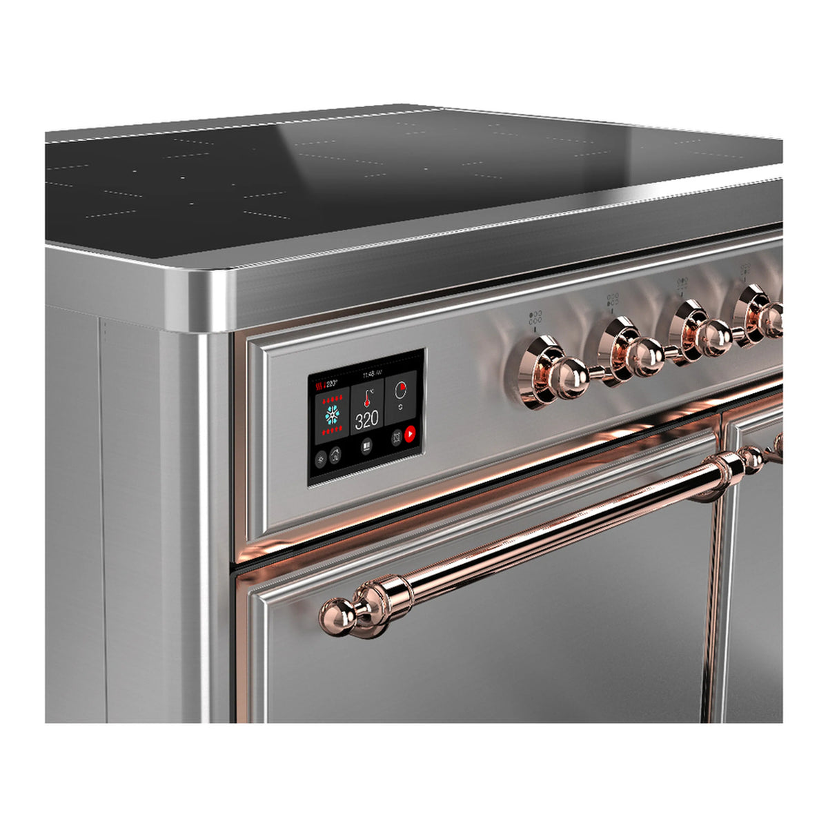 Stainless induction range control panel with digital display and copper knob accents