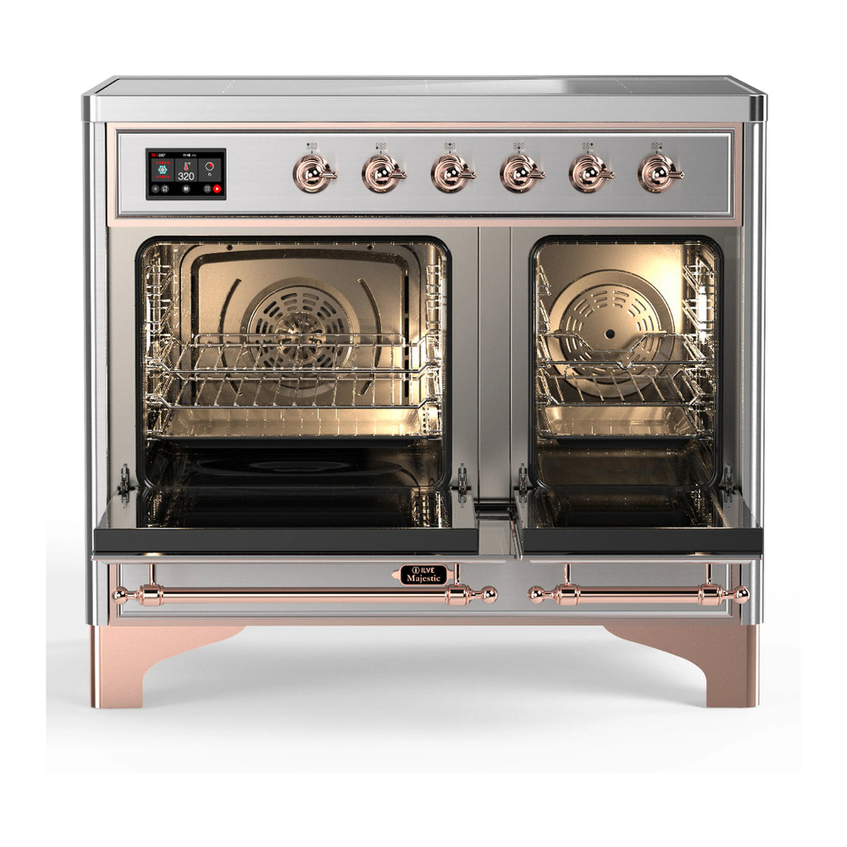 Induction range with oven door open, showing interior racks and heating area