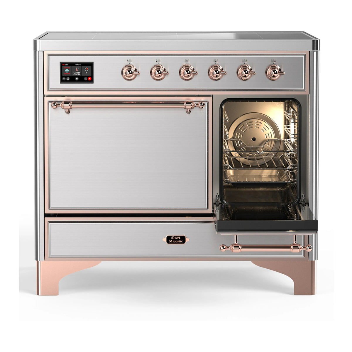 Induction range with right oven door open, stainless interior, and solid glass door