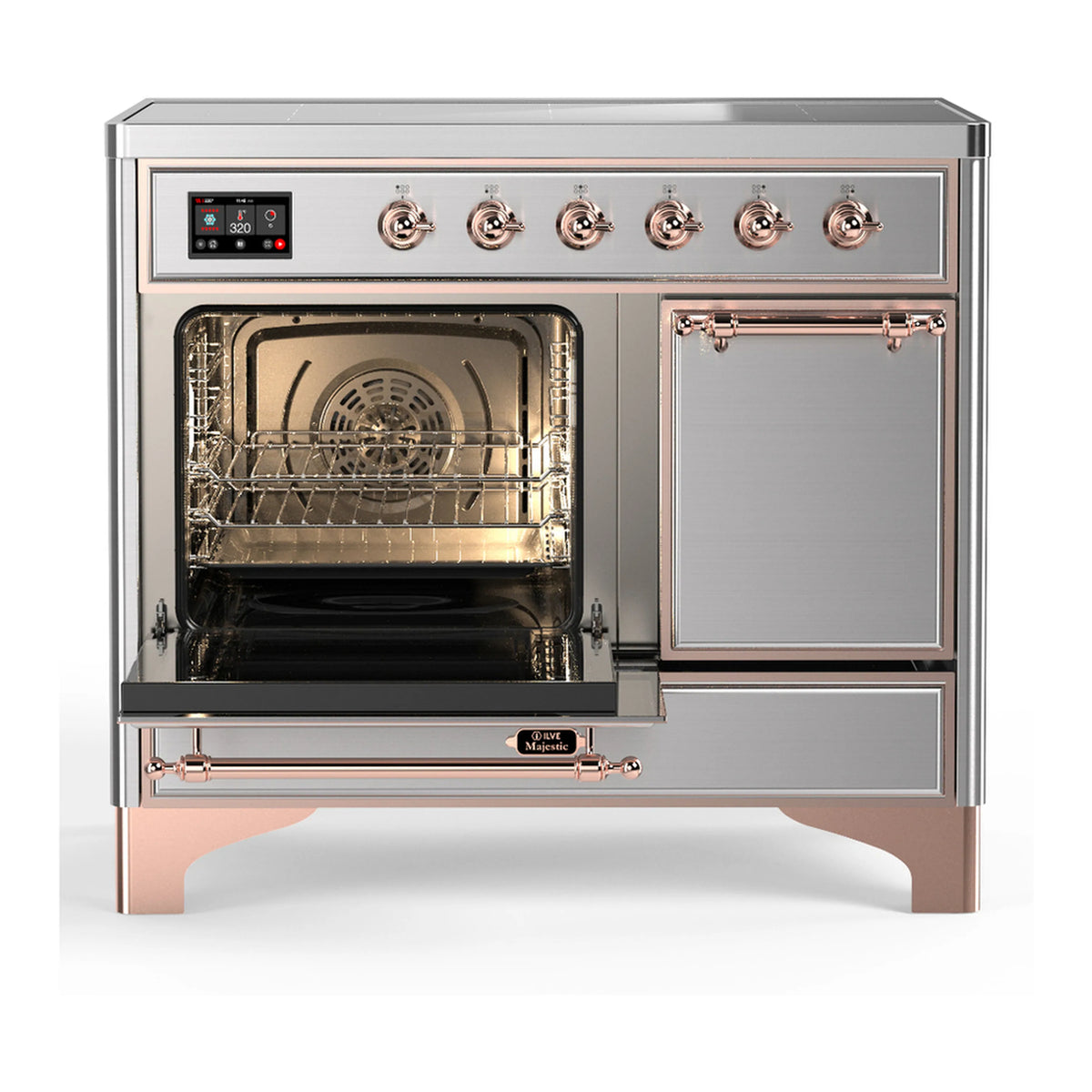 Induction range with oven door open and stainless oven cavity with wire racks