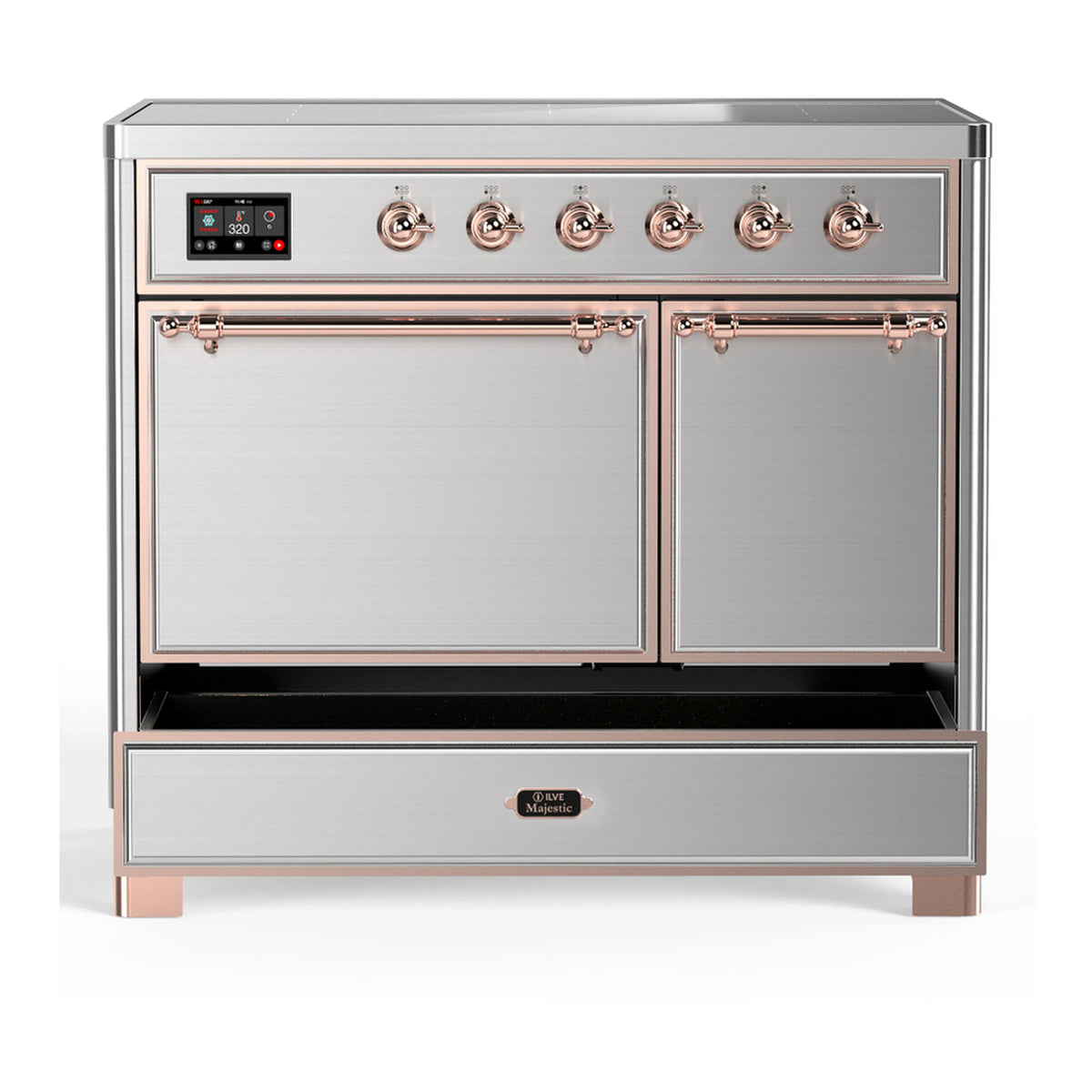 Stainless steel induction range front view with control panel, two doors, and bottom drawer