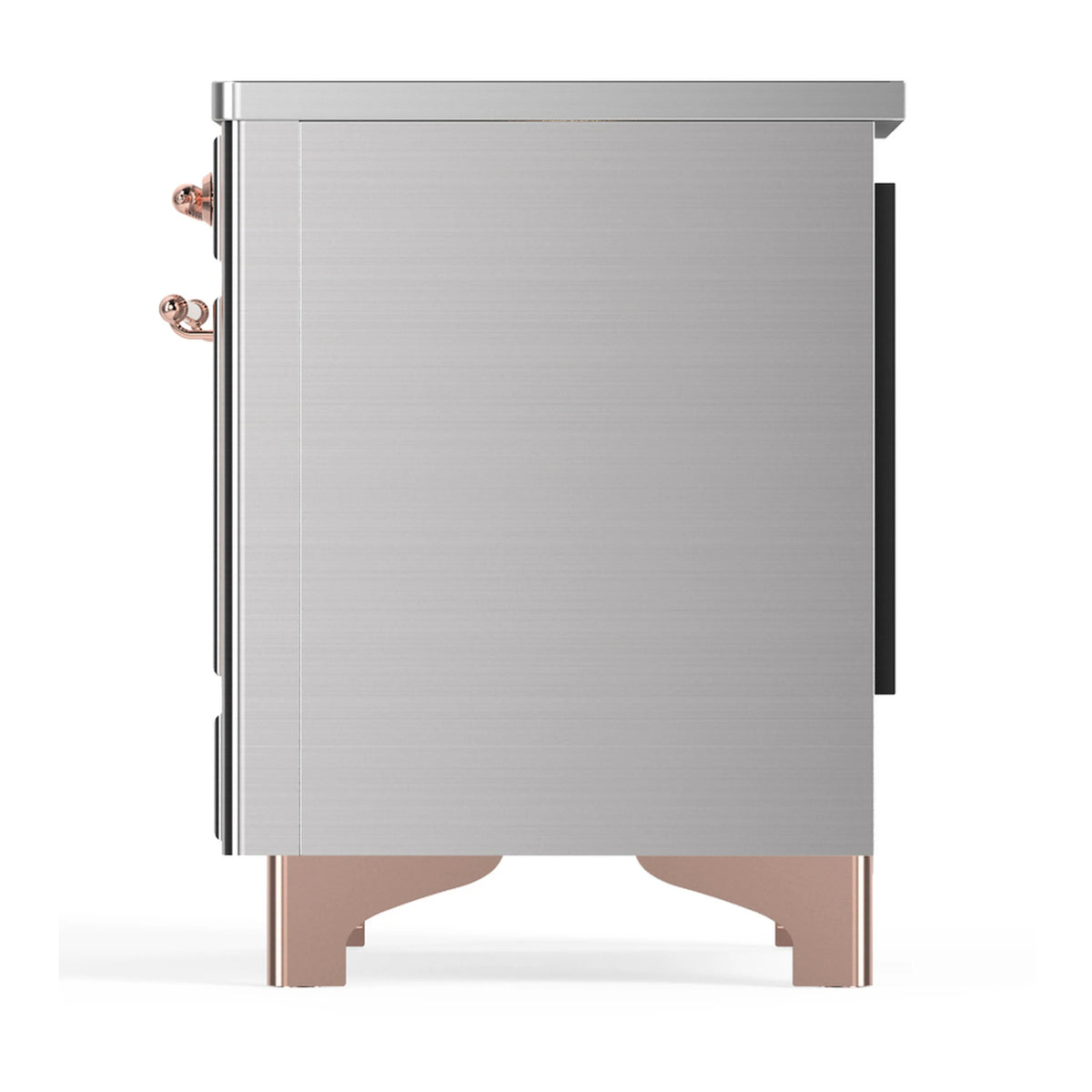 Stainless induction range rear side panel with copper trim and leveling feet