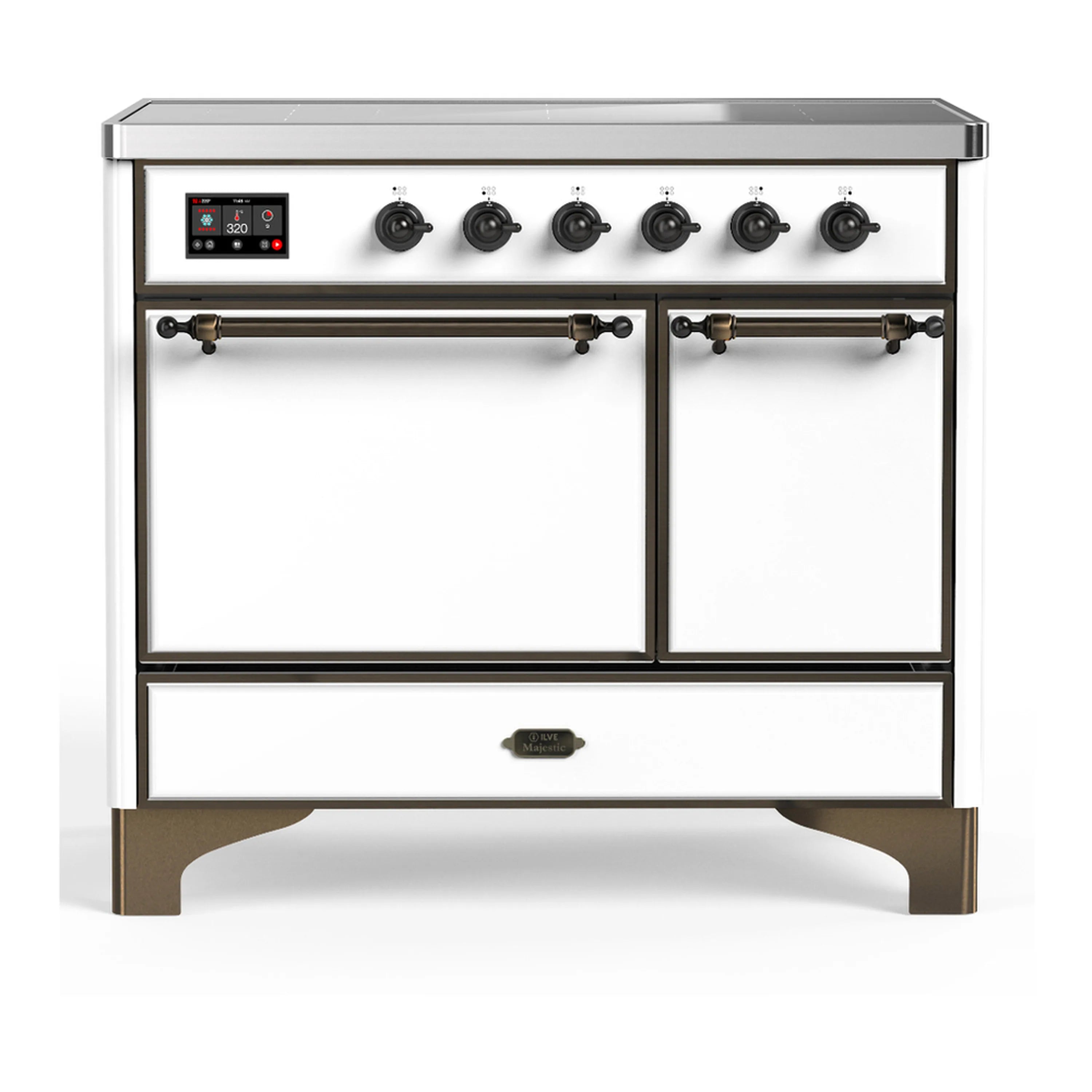 White induction range with solid electric oven doors, brass handles, and 6 black cooktop knobs