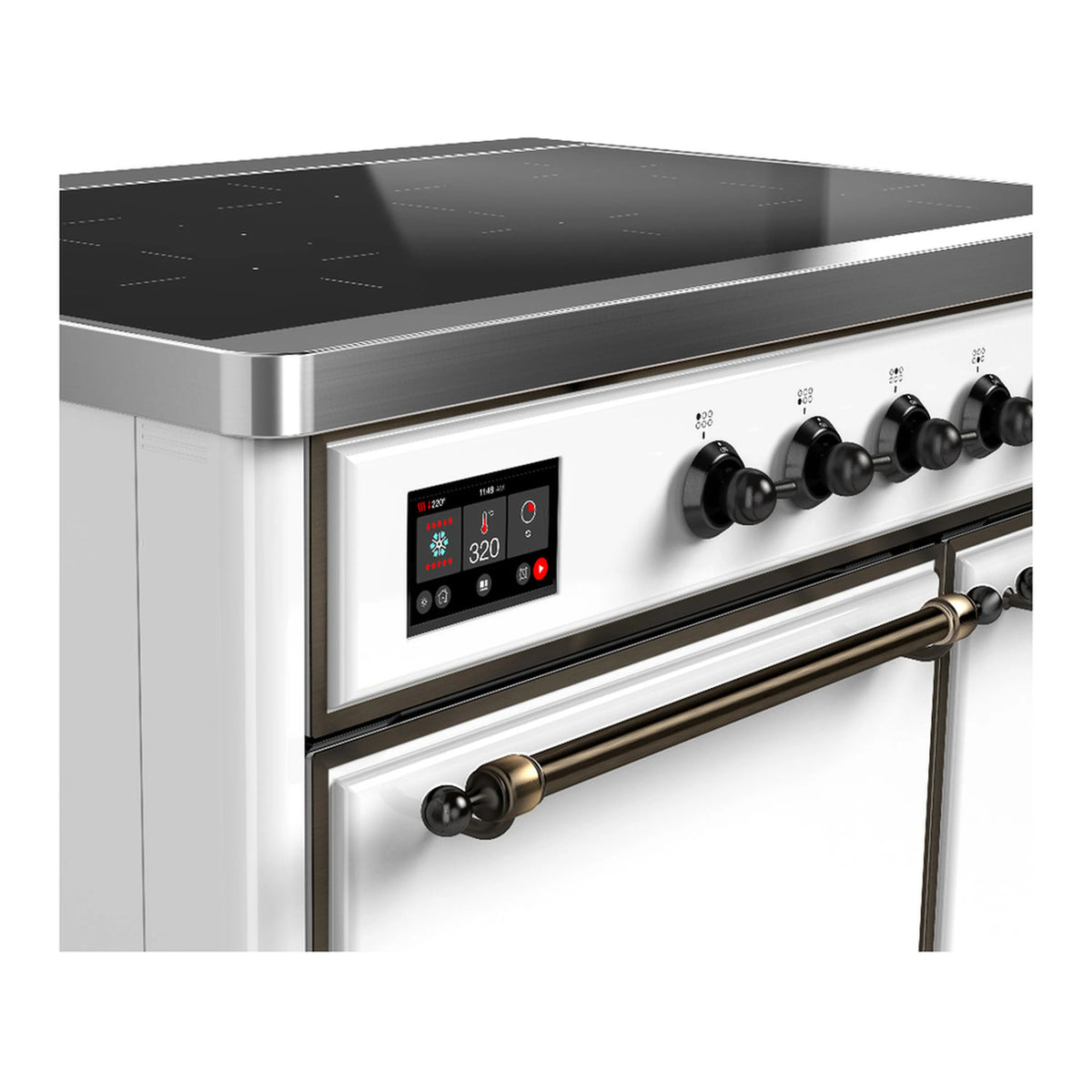 White induction range control panel with digital display and black circular cooktop knobs