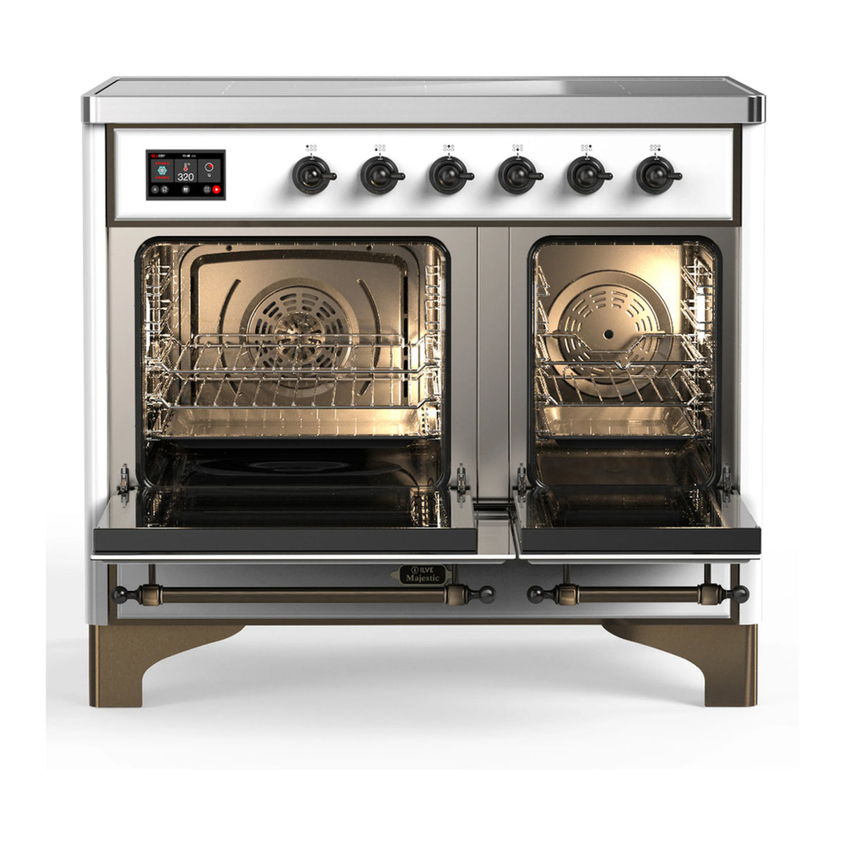 White induction range with both oven doors open, showing racks and warm interior light