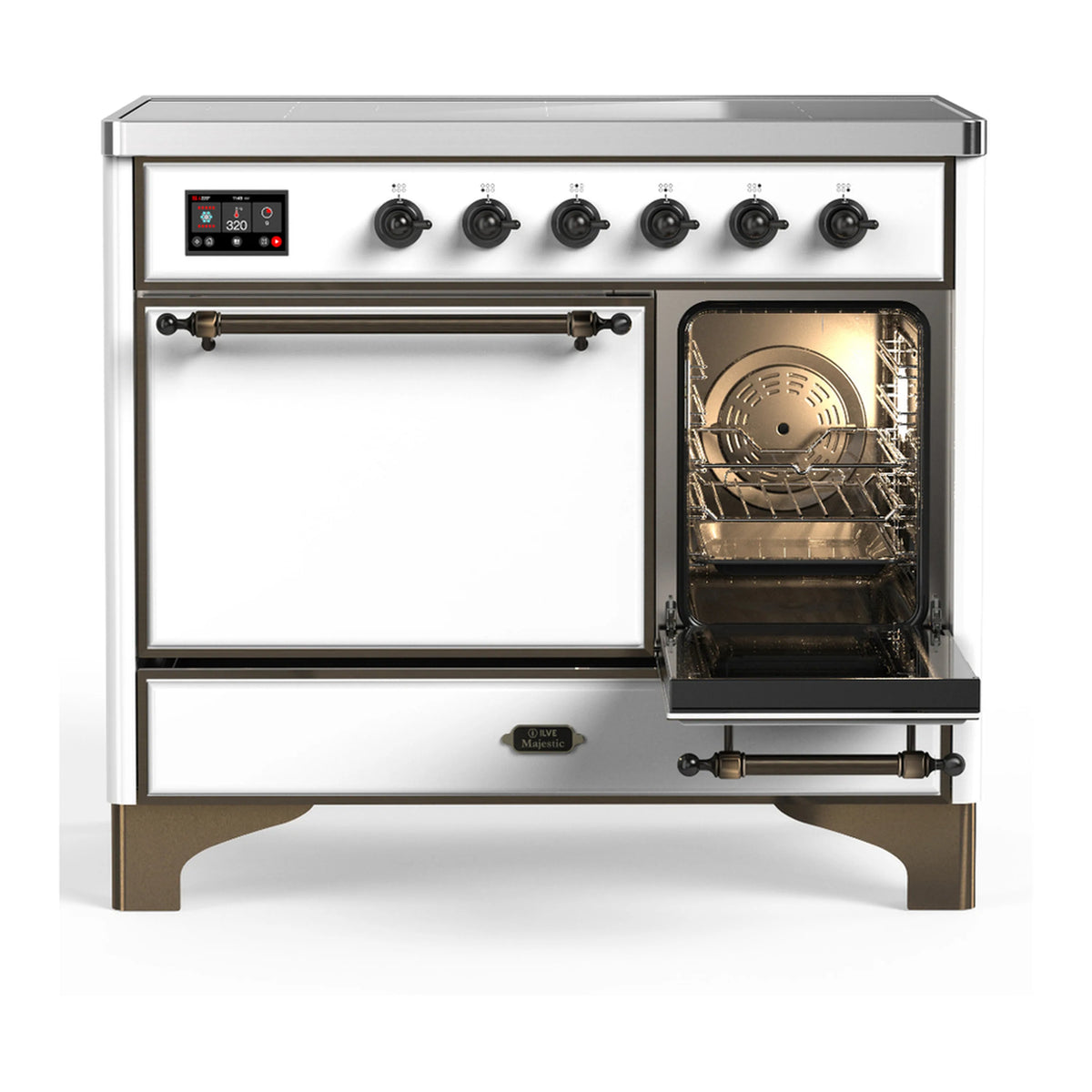 White induction range with one oven door open and illuminated interior