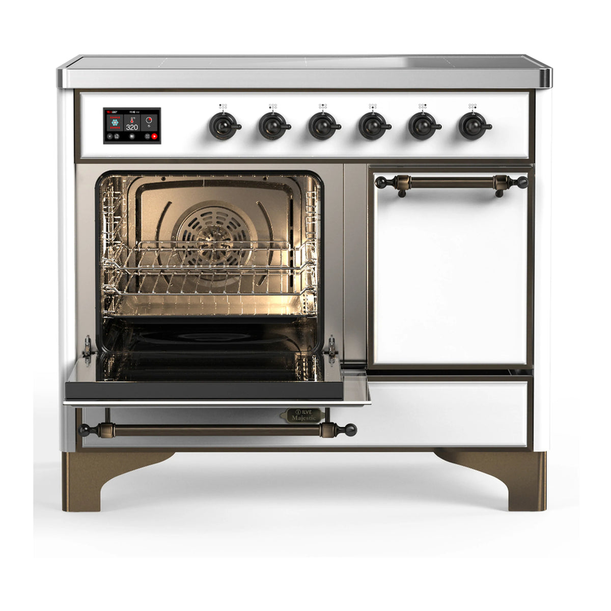 White induction range with oven door open and lower warming drawer panel visible