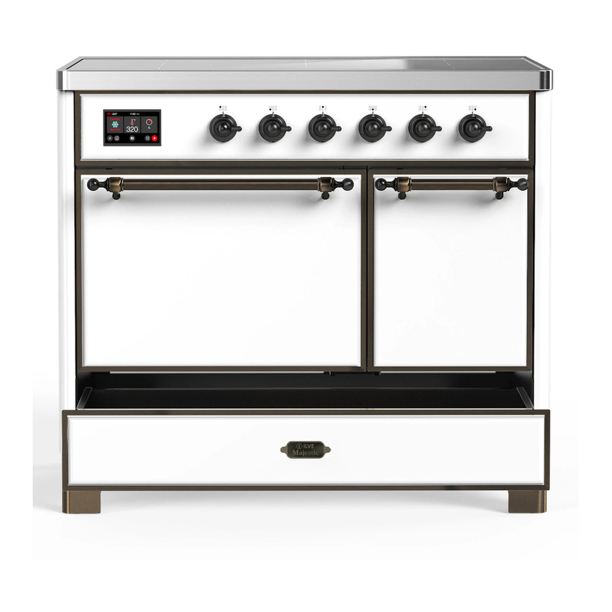 White induction range with two oven doors closed and lower drawer fully closed