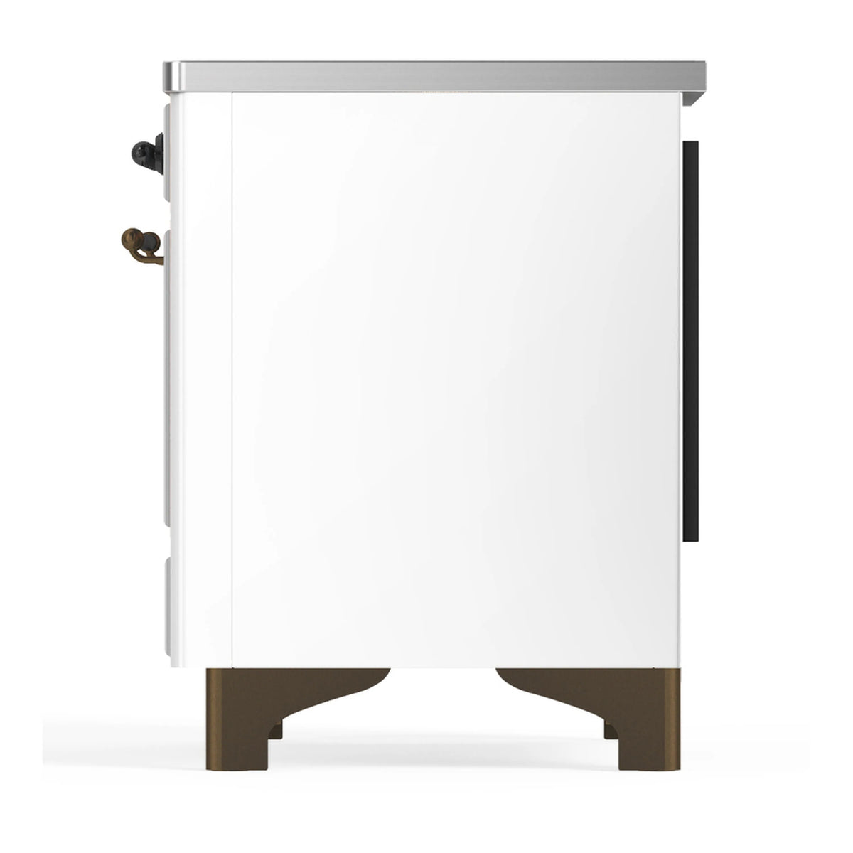 White induction range side view with dark handle hardware and vented base trim