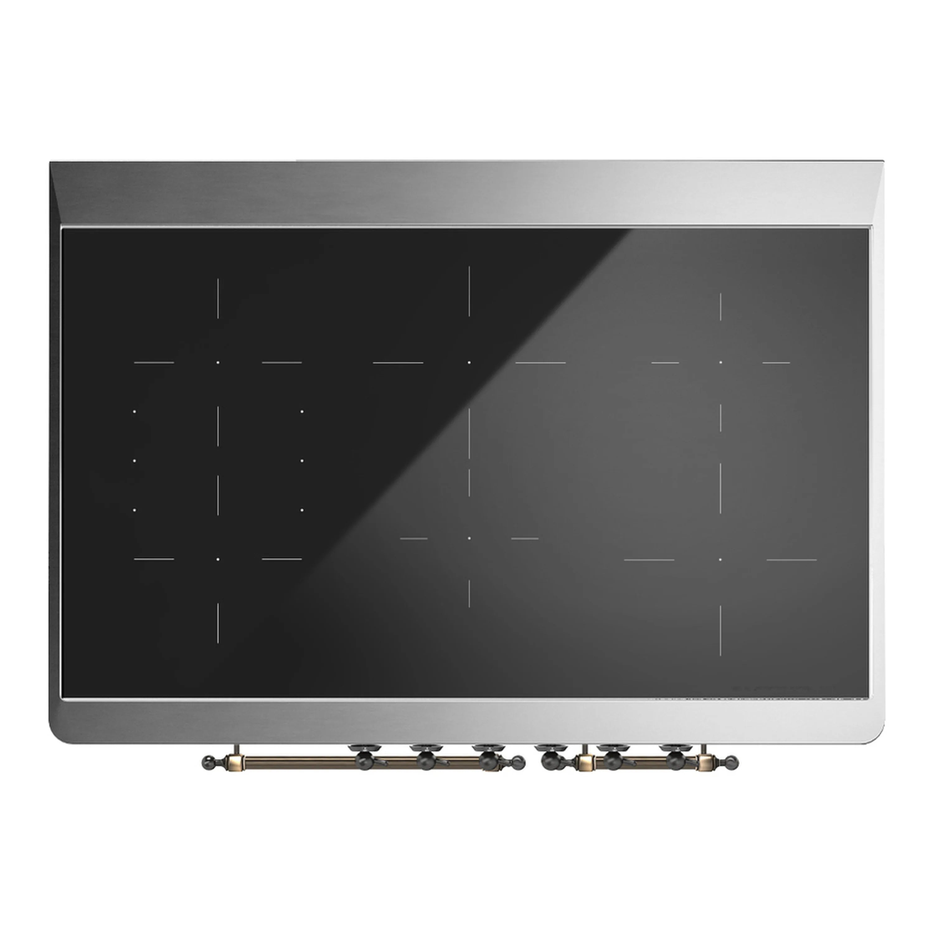 Induction range cooktop glass with dark panel and brass control knobs below