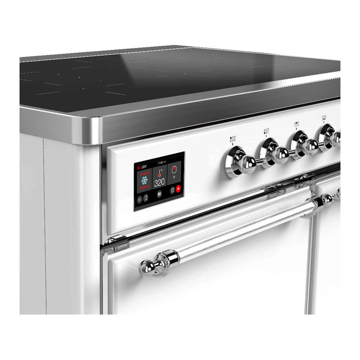 White induction range cooktop control panel with digital display and chrome knob controls