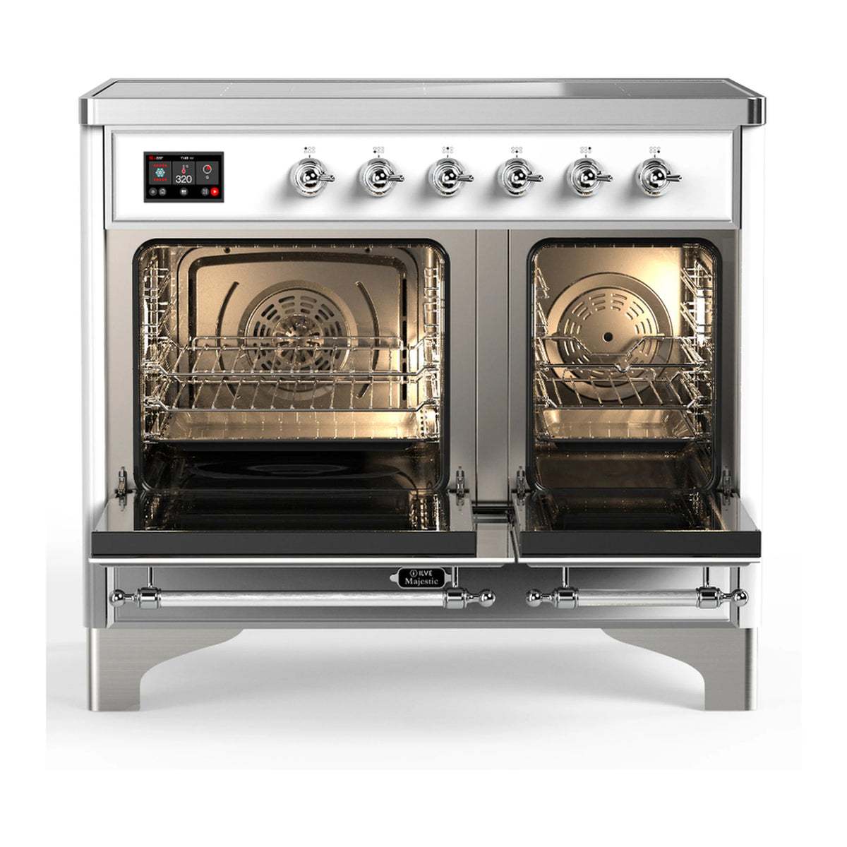 White induction range with oven doors open, showing interior racks and heating element
