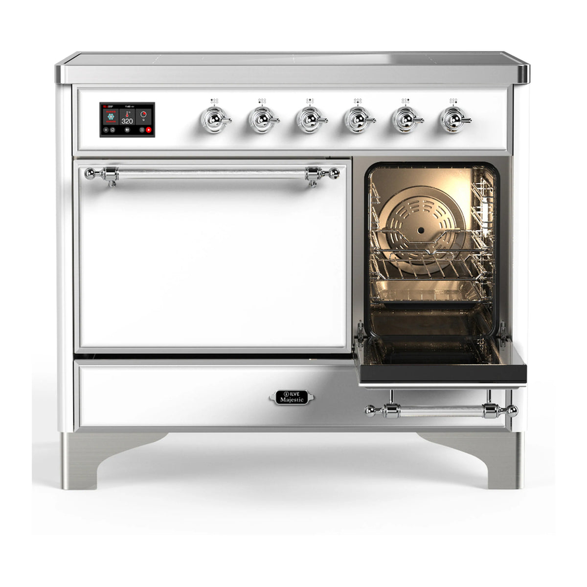 White induction range with right oven door open, showing oven interior lighting