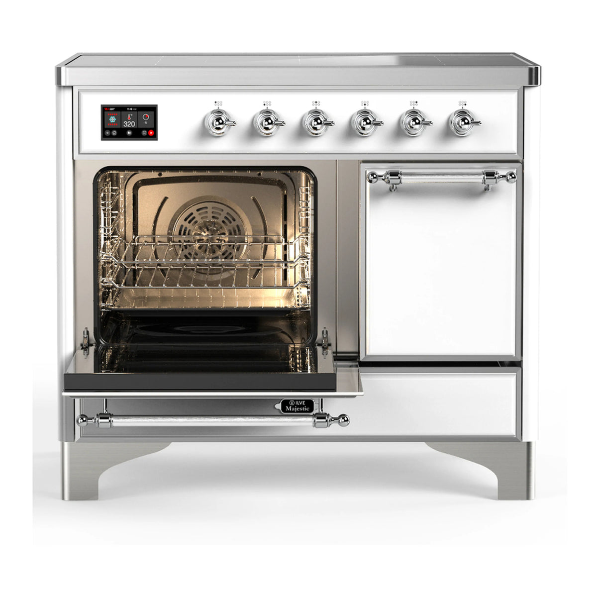 White induction range with oven door open, showing metal racks and fan area