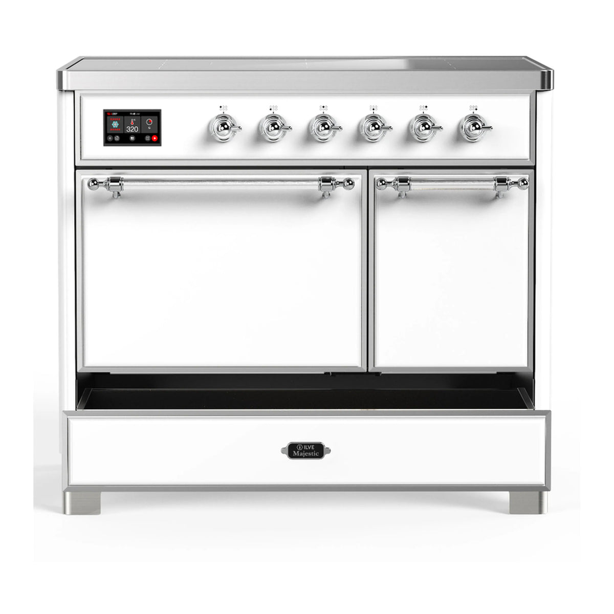 White induction range front view with chrome trim, six knobs, and two closed oven doors