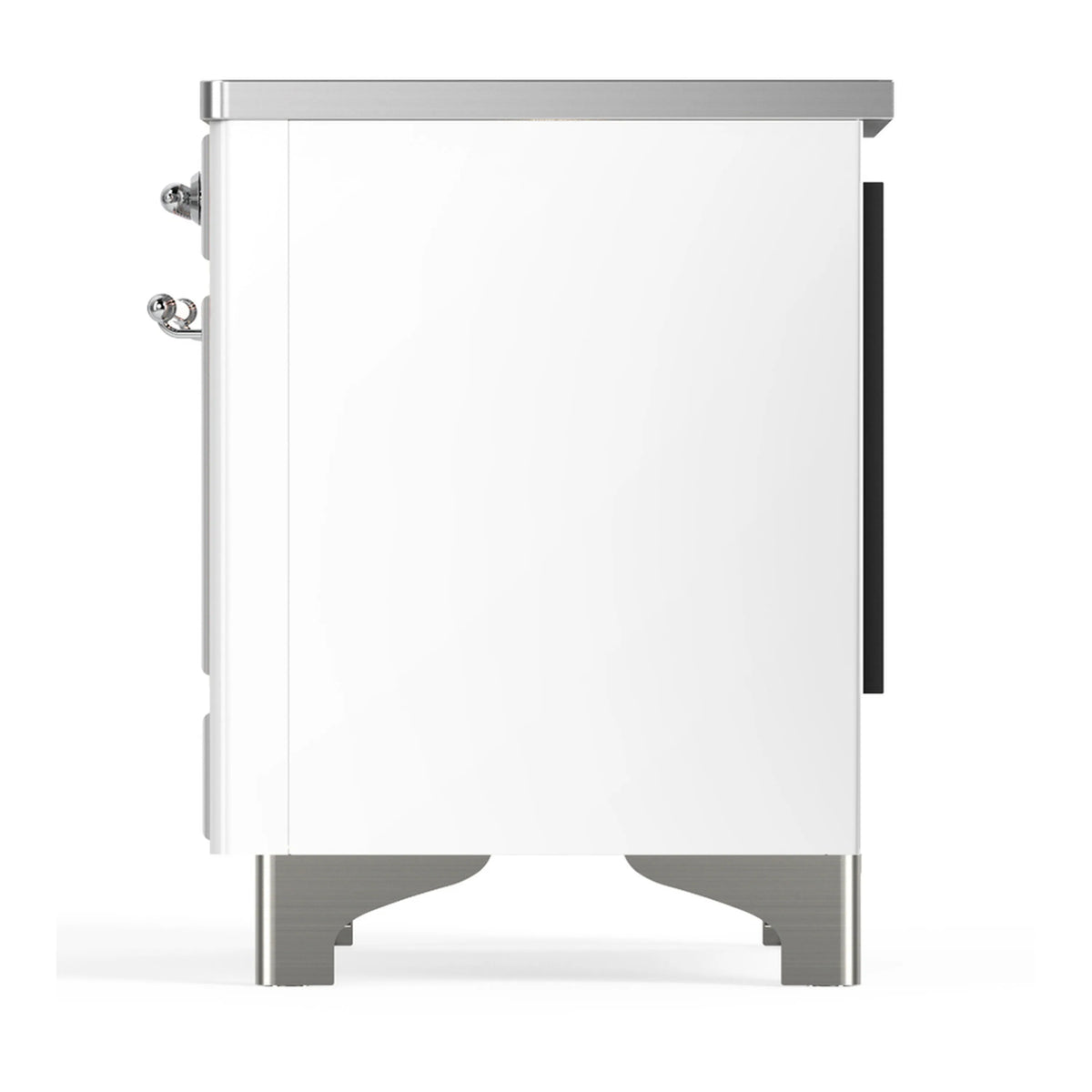 White induction range side panel with chrome corner trim and side handle hardware