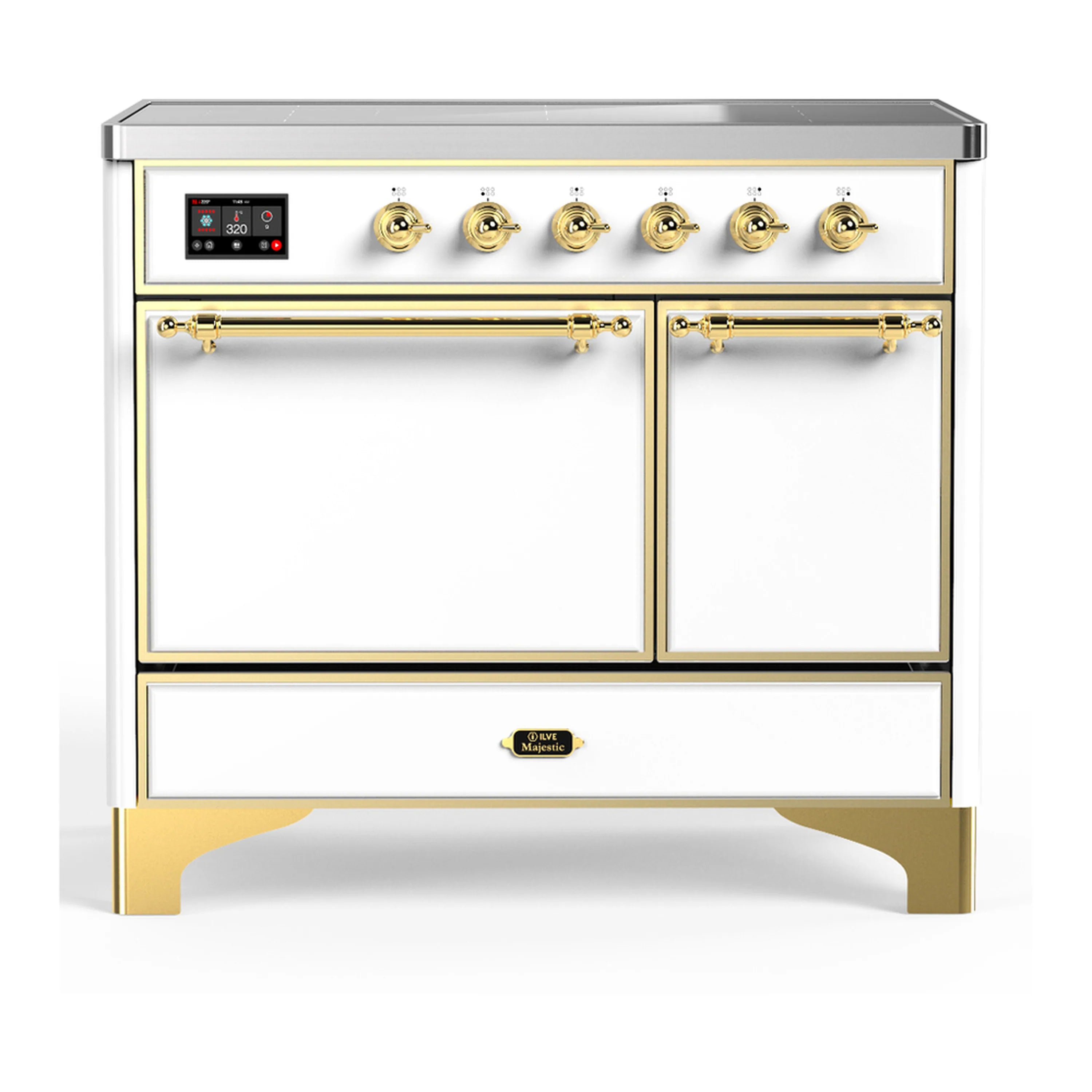 White induction range front with brass-trimmed doors and six gold knob controls