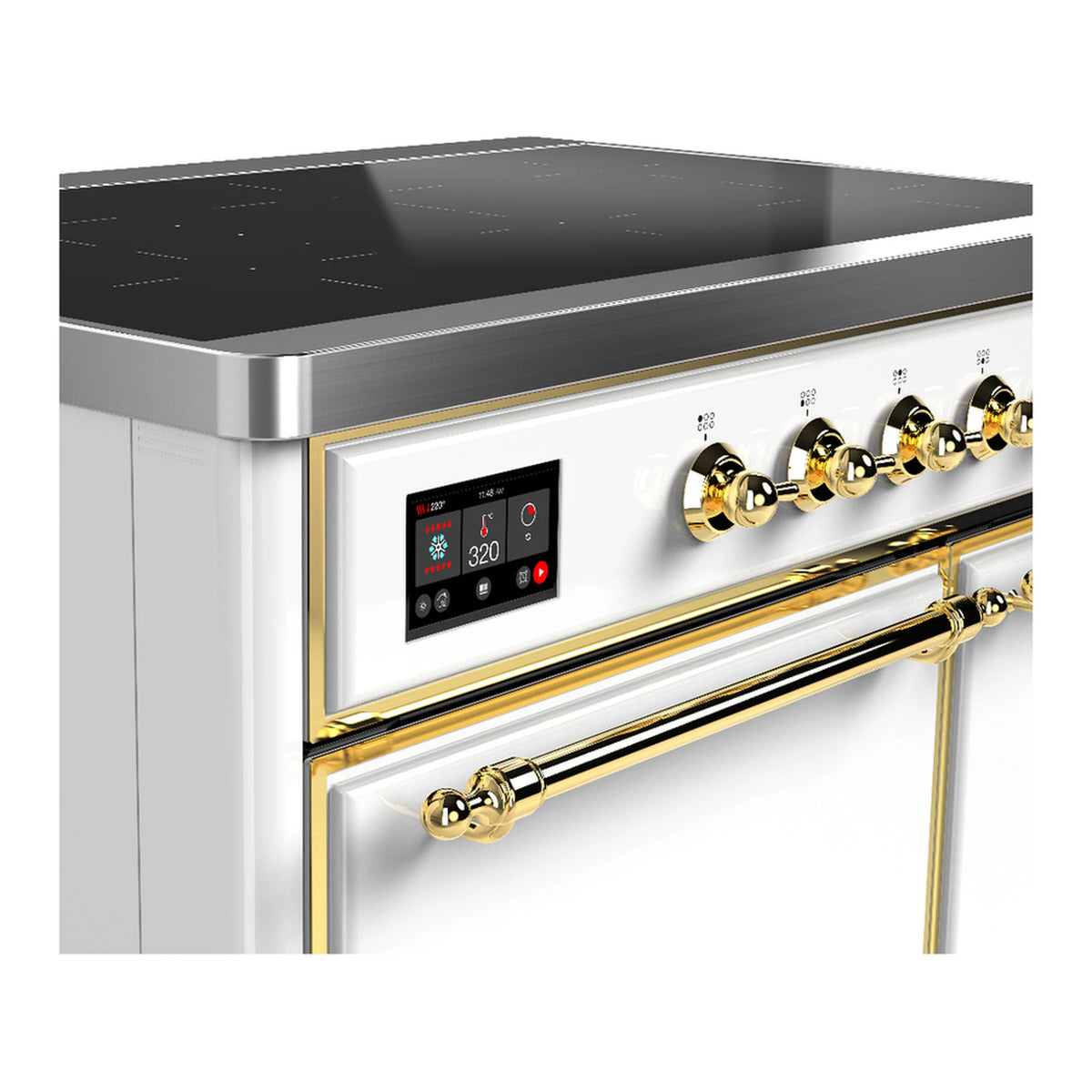 White induction range with brass-trimmed control panel and six gold knob controls