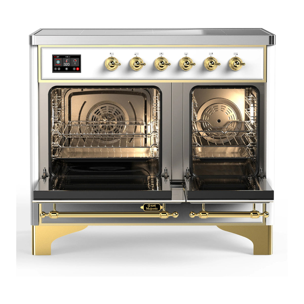 White dual-oven range with both doors open and brass trim, oven racks visible