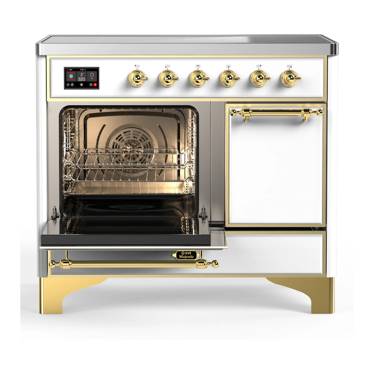 White induction range with open oven door, visible racks and fan inside