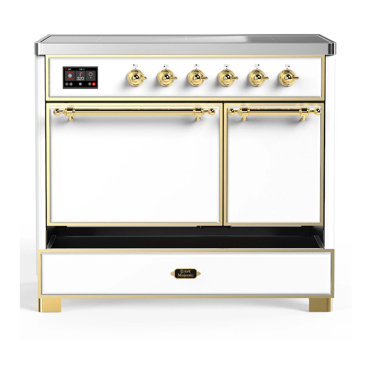 White induction range with brass-trimmed double doors and lower storage drawer