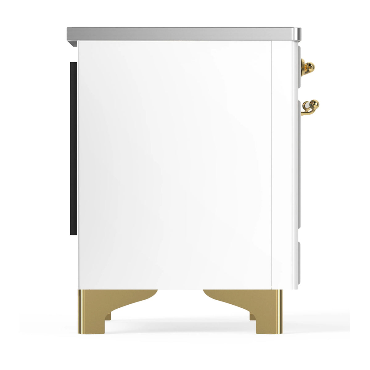 White oven door side view with brass base legs and gold handle accents