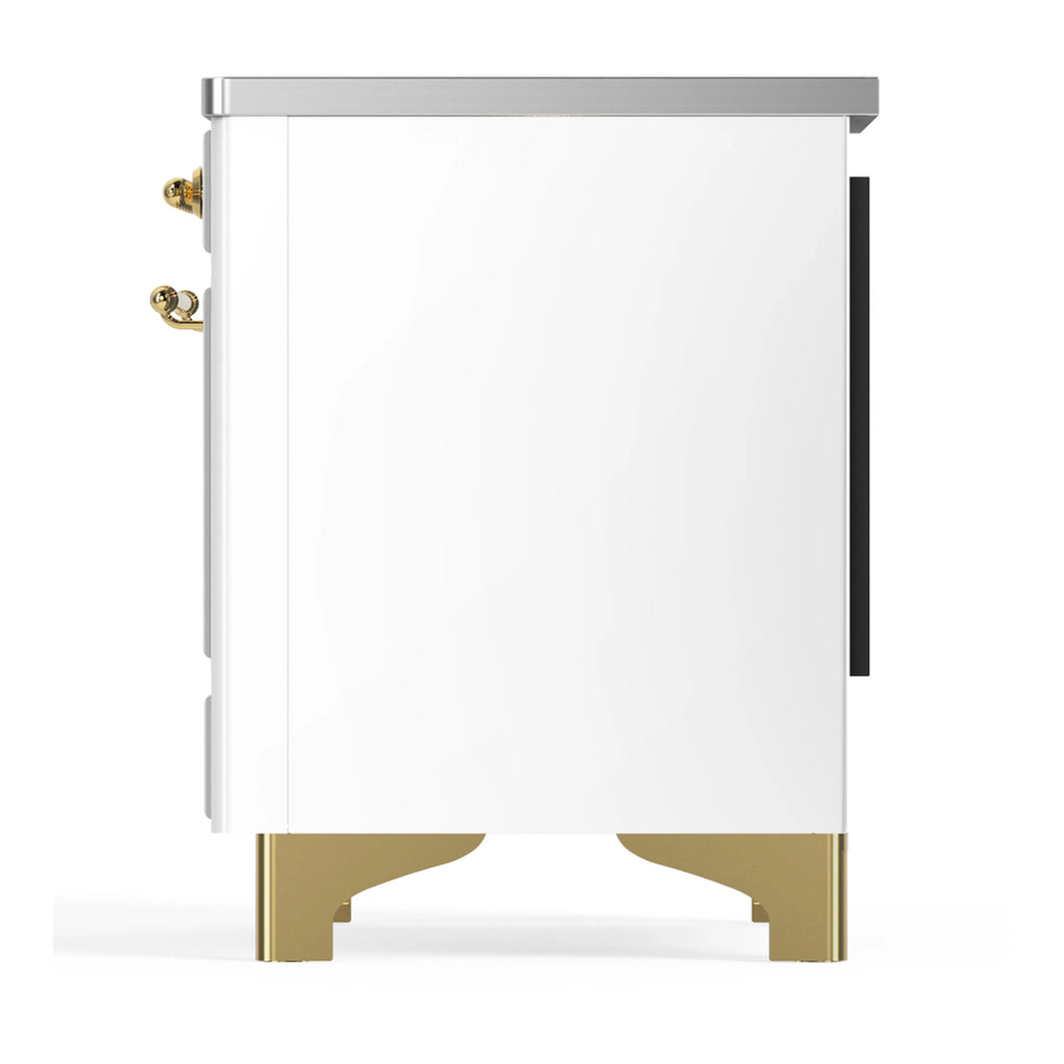 White oven door side view with brass base legs and visible gold knob handle