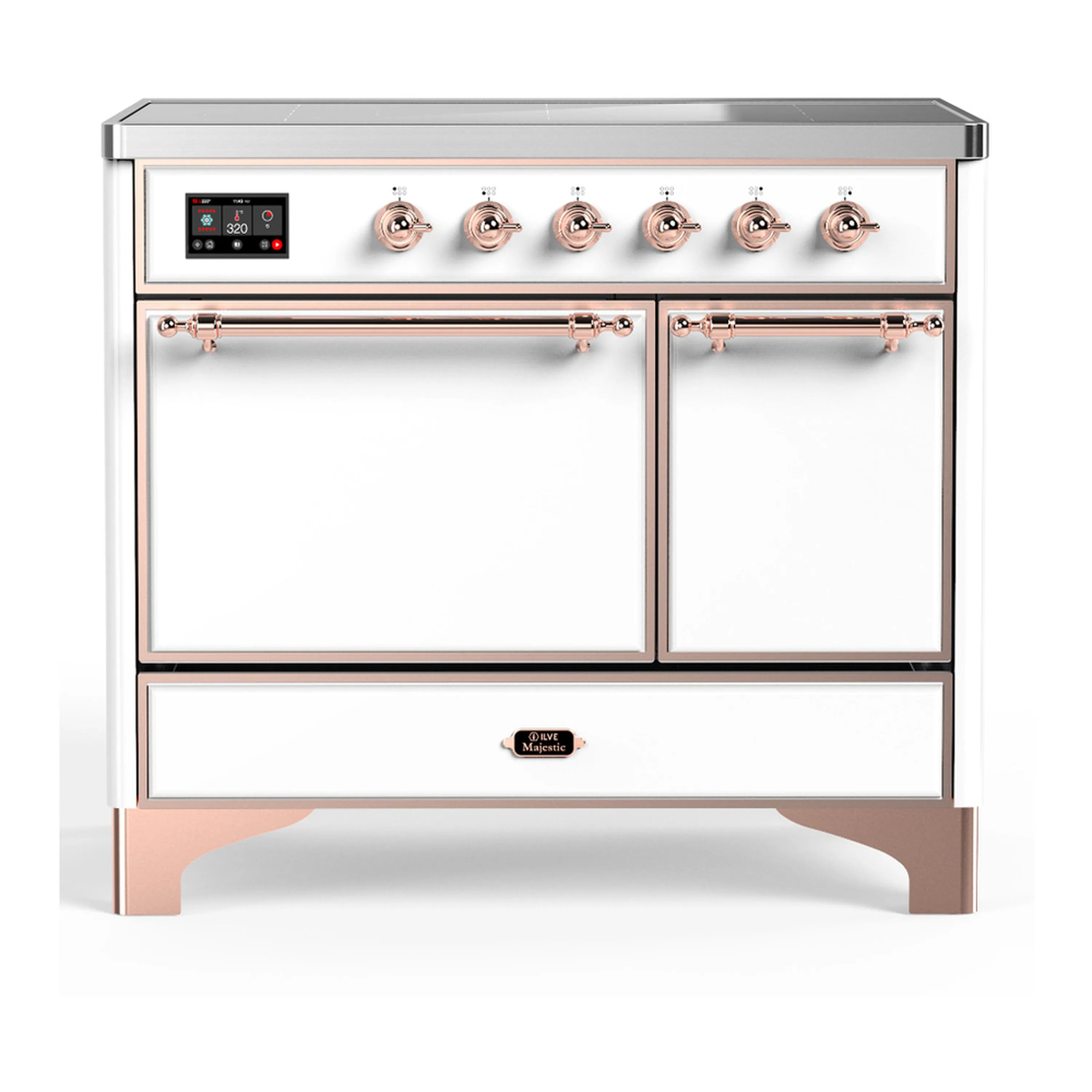 White induction range with copper trim, six knob controls, and two oven doors.