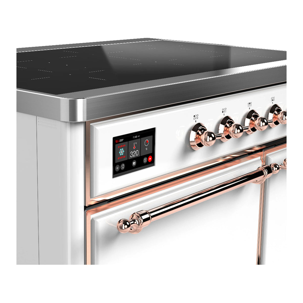 White induction range control panel with digital display and copper-trimmed knobs.