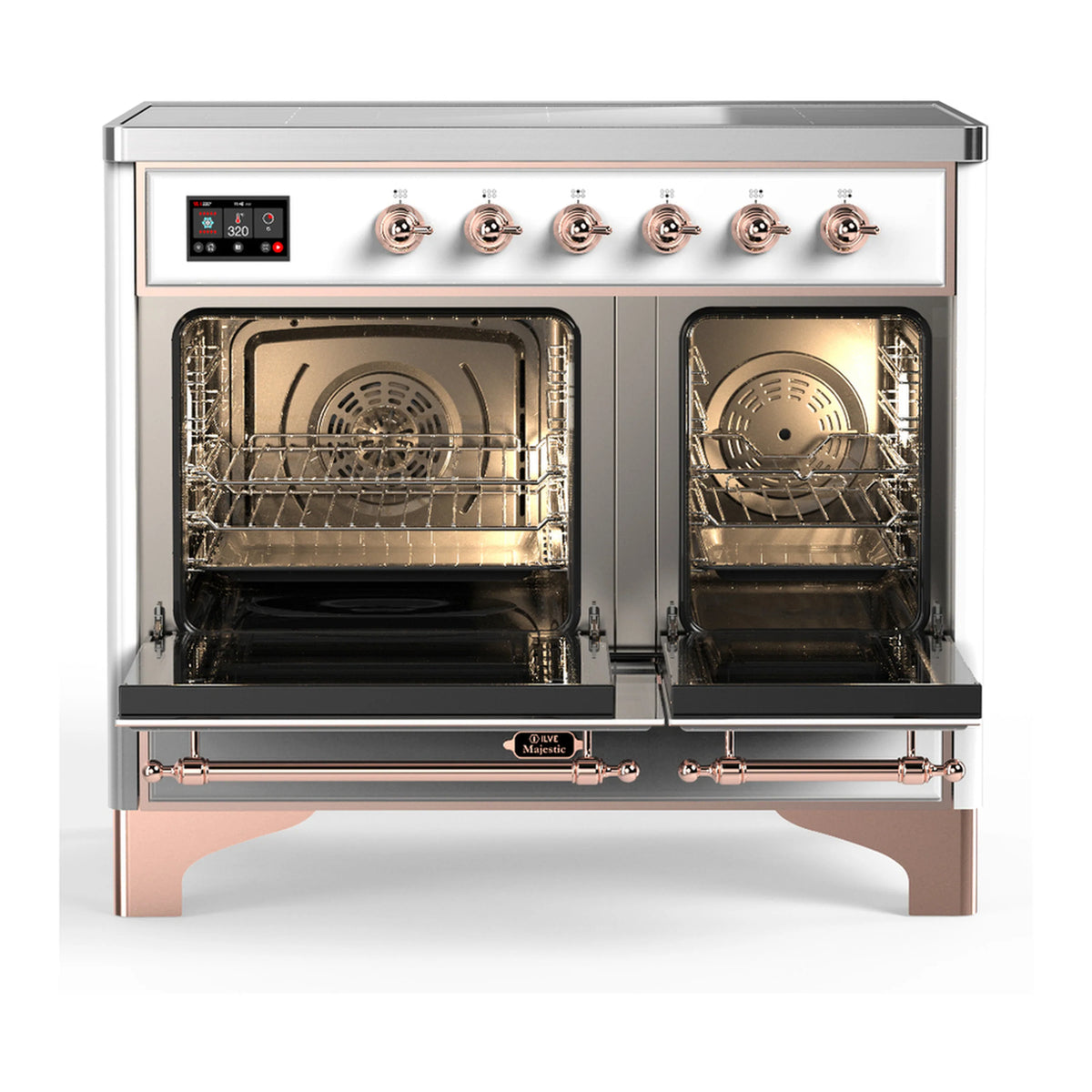 White induction range with open oven doors showing racks and interior cooking cavity.