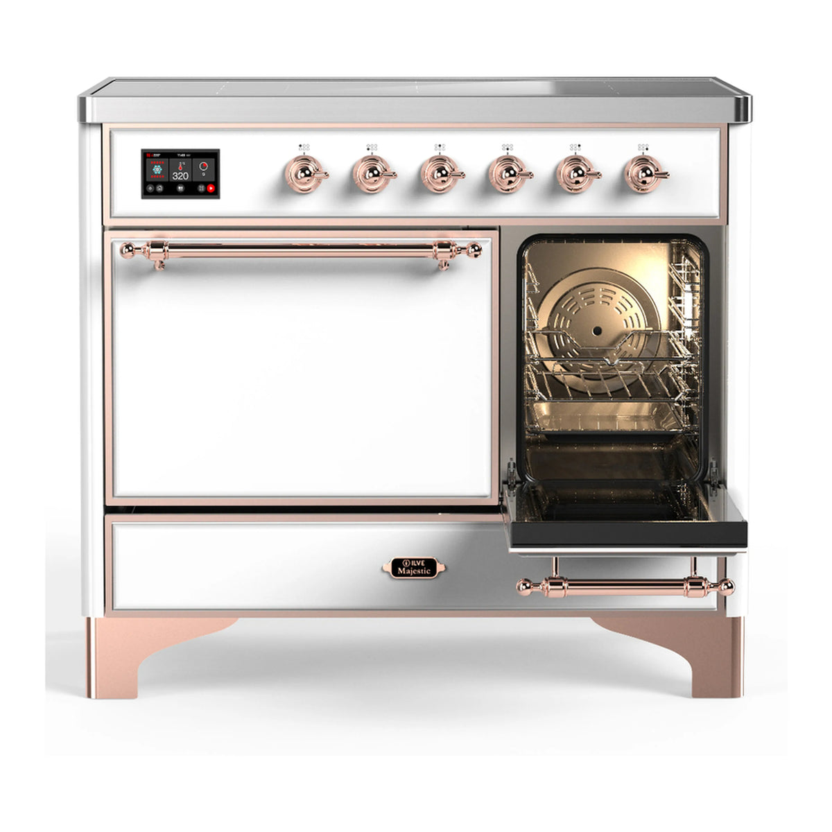 White induction range with open oven door and top controls, copper trim detail.