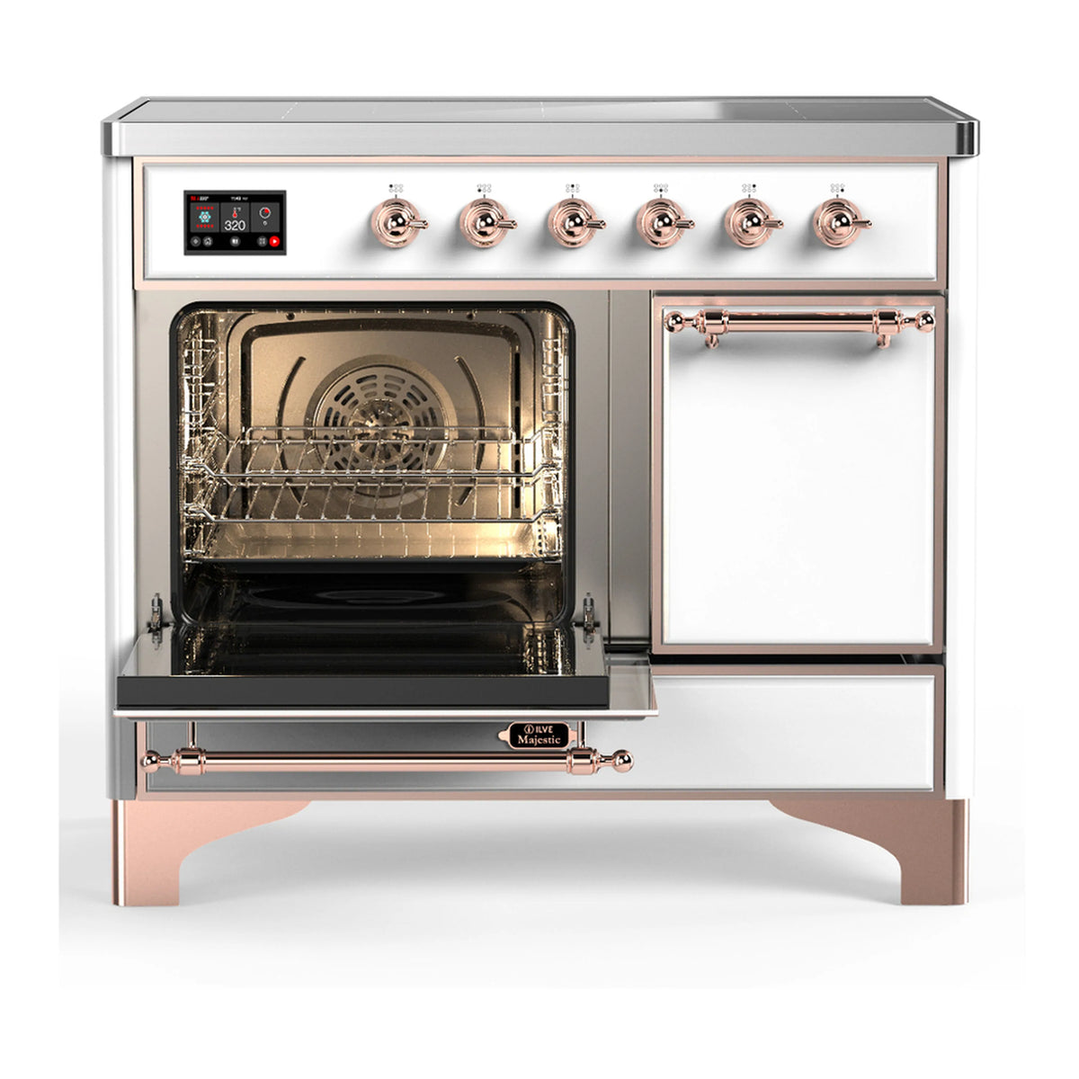 White induction range with open oven doors, wire racks, and copper-trimmed control bar.