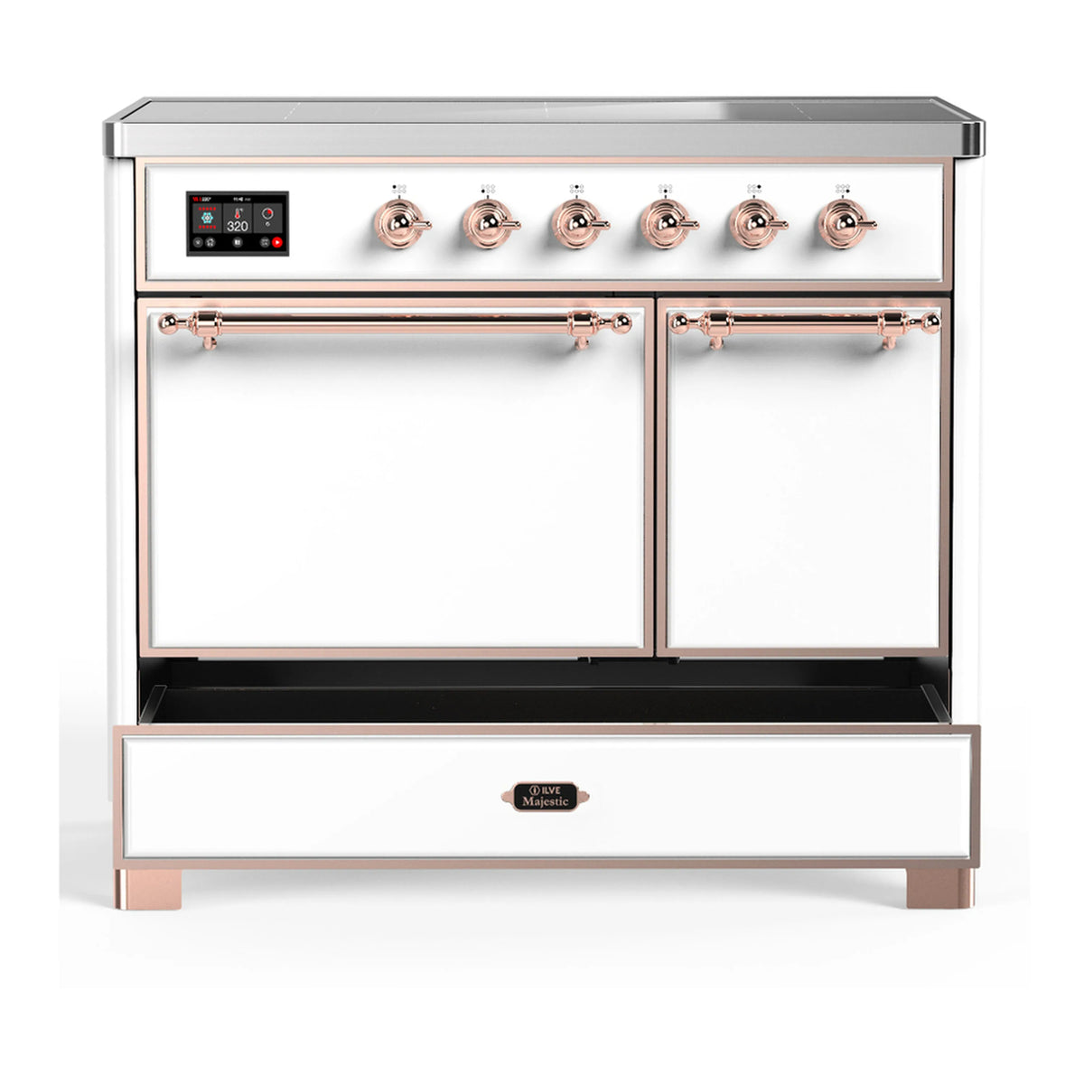 White induction range front view with copper trim, six knobs, and oven doors closed.