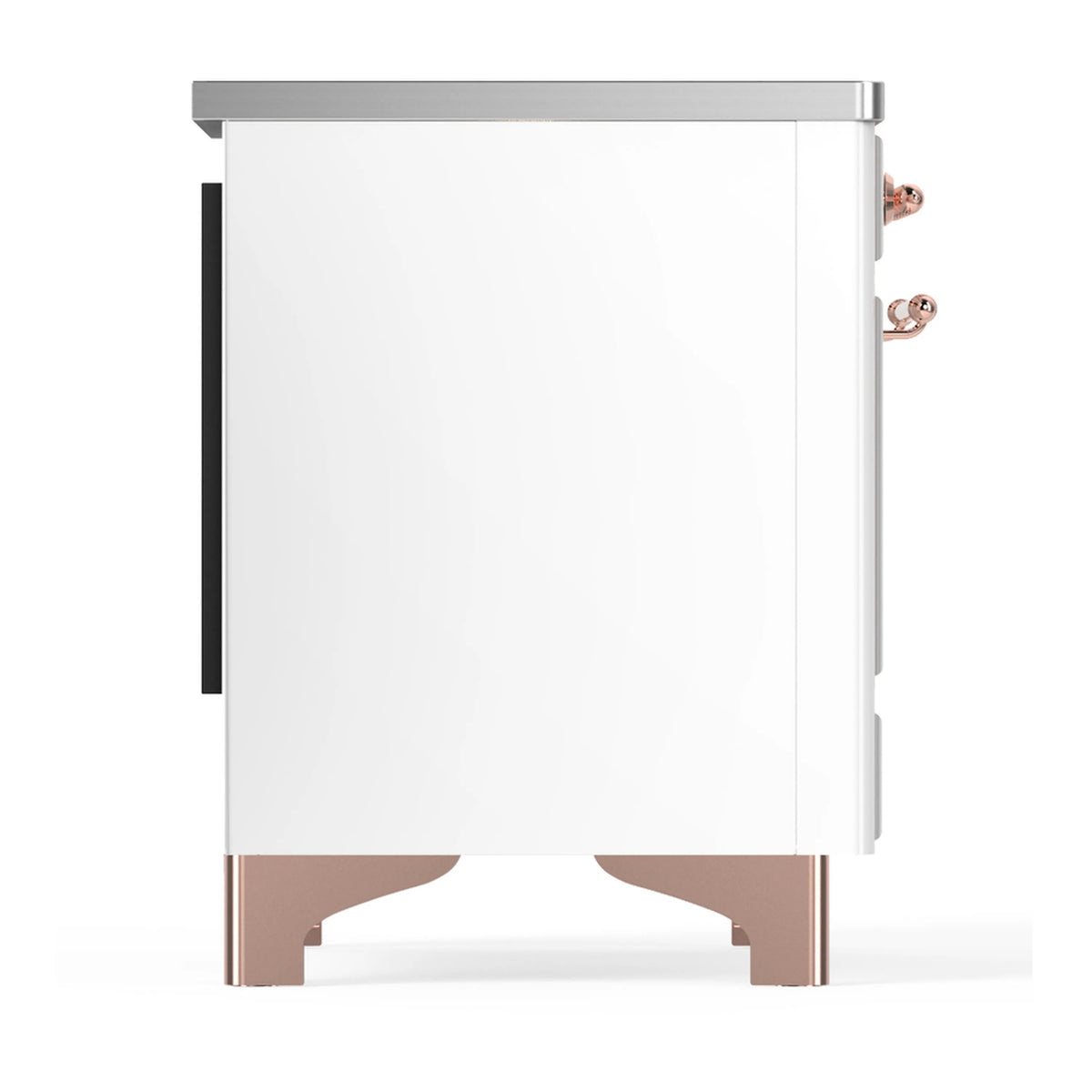White induction range side view with copper-trimmed lower corner and metal handles.