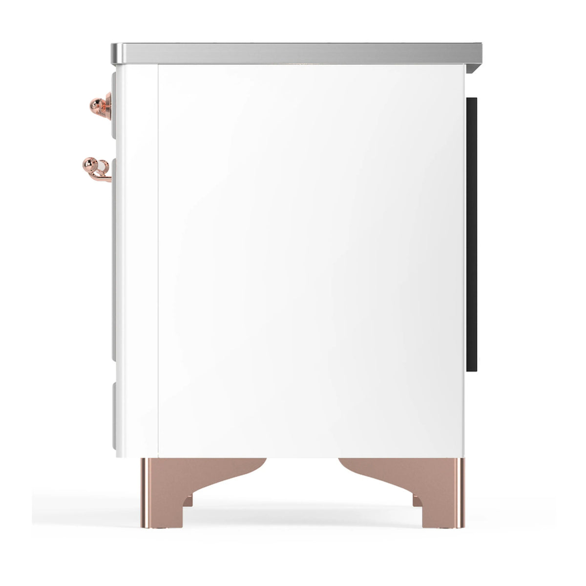 White induction range rear-side view with copper-trimmed base legs and side panel.