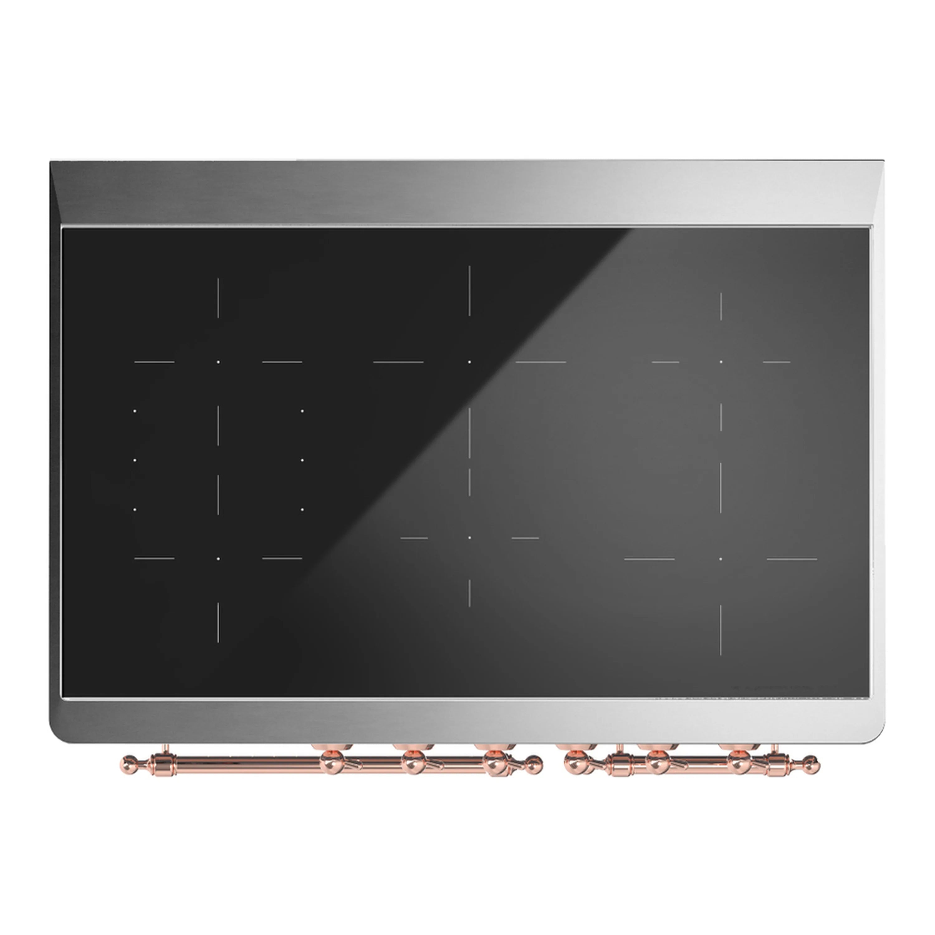 Black induction cooktop glass with copper-trimmed burner frame and control lines.
