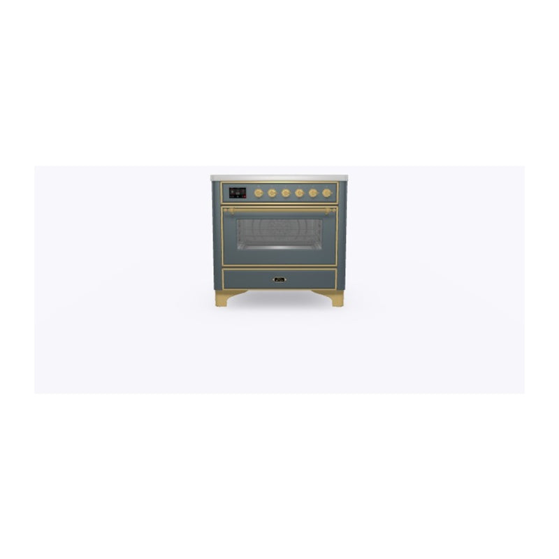 ILVE 36-Inch Majestic II Series Freestanding Electric Single Windowed Solid Door Oven Range with 5 Elements in Blue Grey with Brass Trim (UMI09NS3BGG)